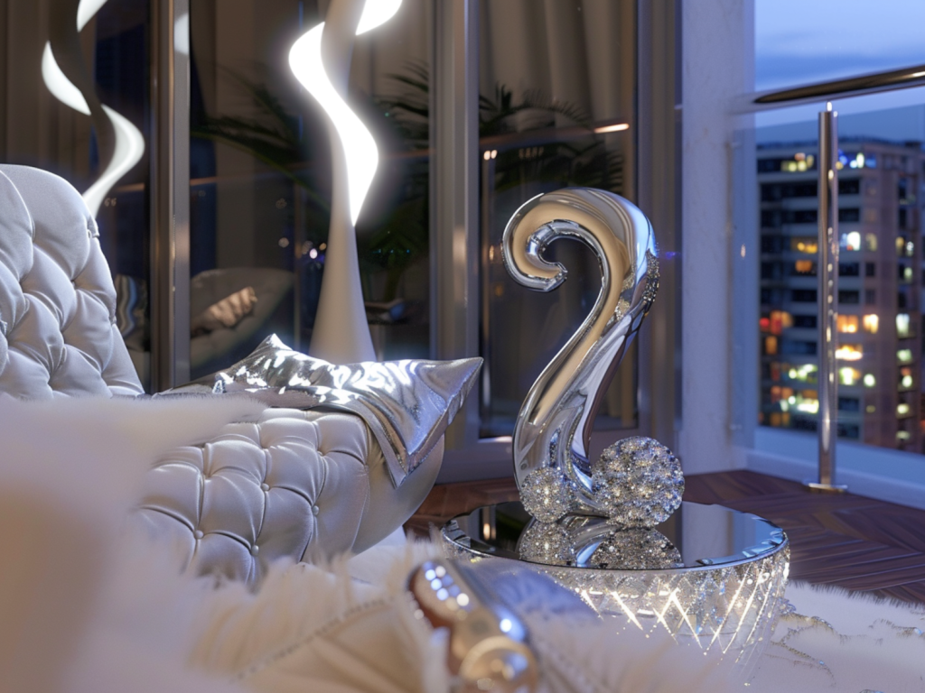 Jak urządzić balkon w stylu glamour z dodatkowymi lampami w odcieniach srebra