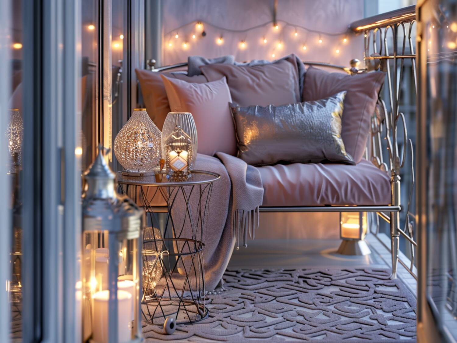 Jak urządzić balkon w stylu glamour z dodatkowymi lampami w odcieniach srebra