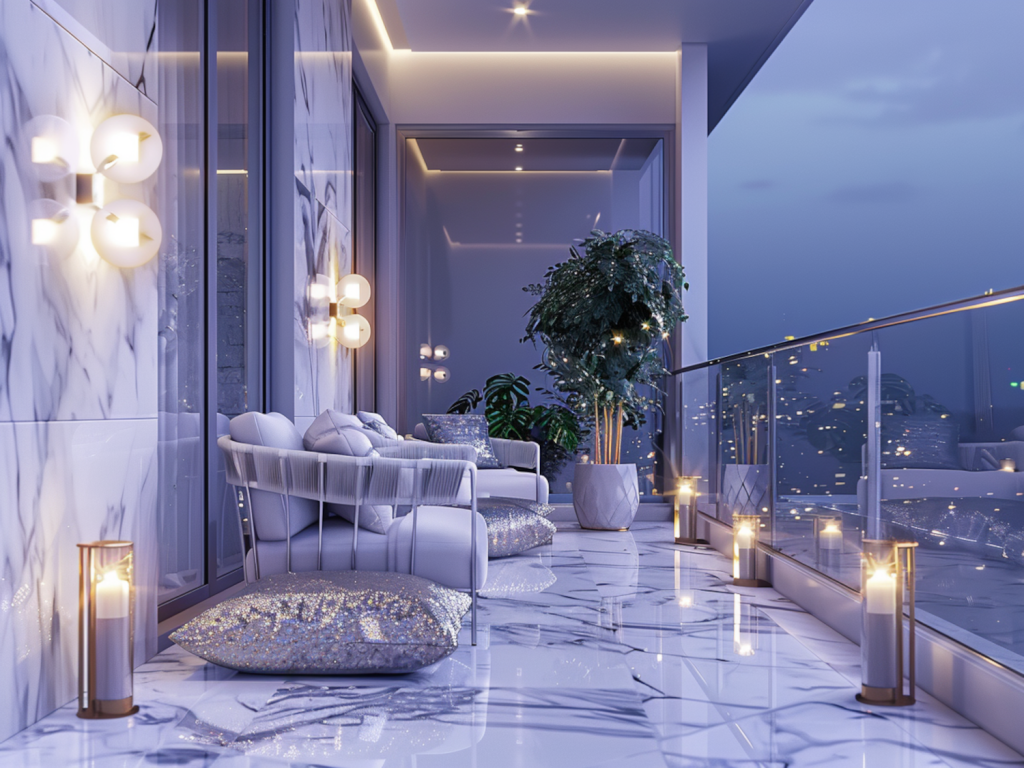 Jak urządzić balkon w stylu glamour z dodatkowymi lampami w odcieniach srebra