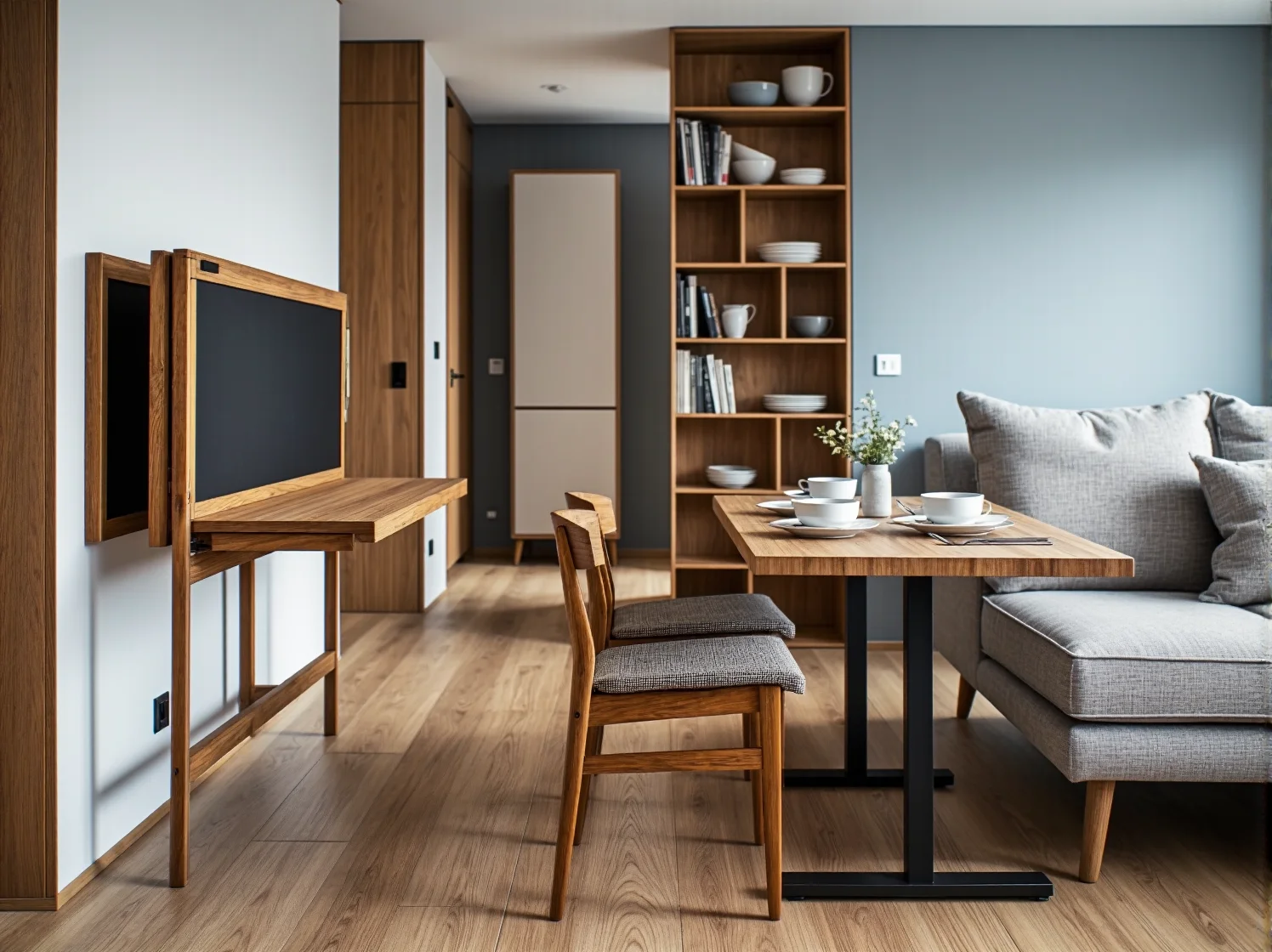 Jasne fronty szafek na wysoki połysk i oświetlenie LED optycznie powiększające aneks.