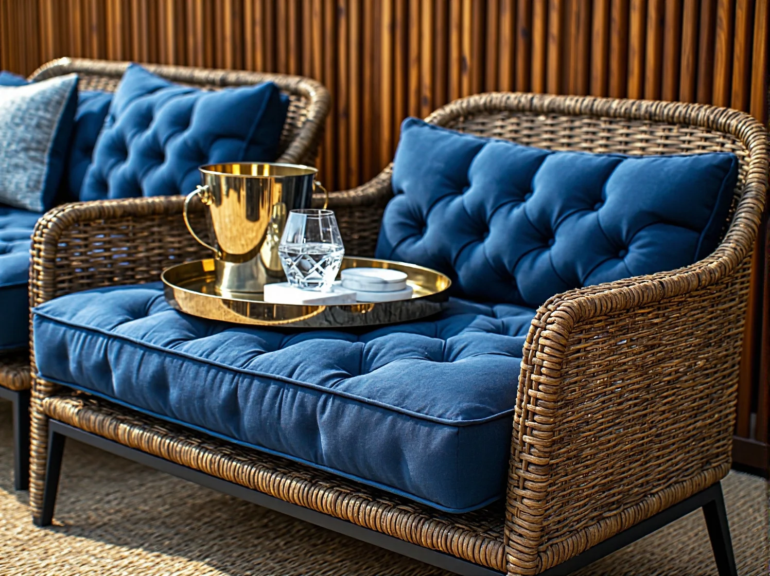 Aranżacja ogrodu glamour z oświetleniem i elegancką sofą