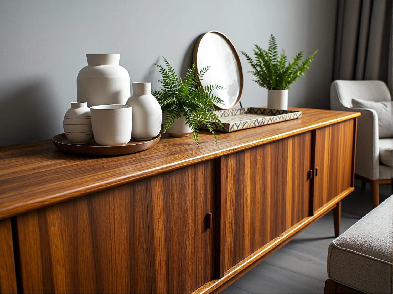 Białe meble skandynawskie z drewnianymi nogami retro w jasnej jadalni.