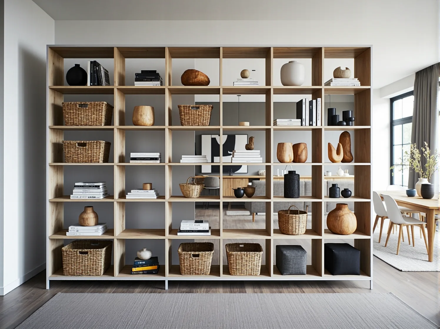 Minimalistyczny biały regał książkowy w stylu skandynawskim do domowego biura.