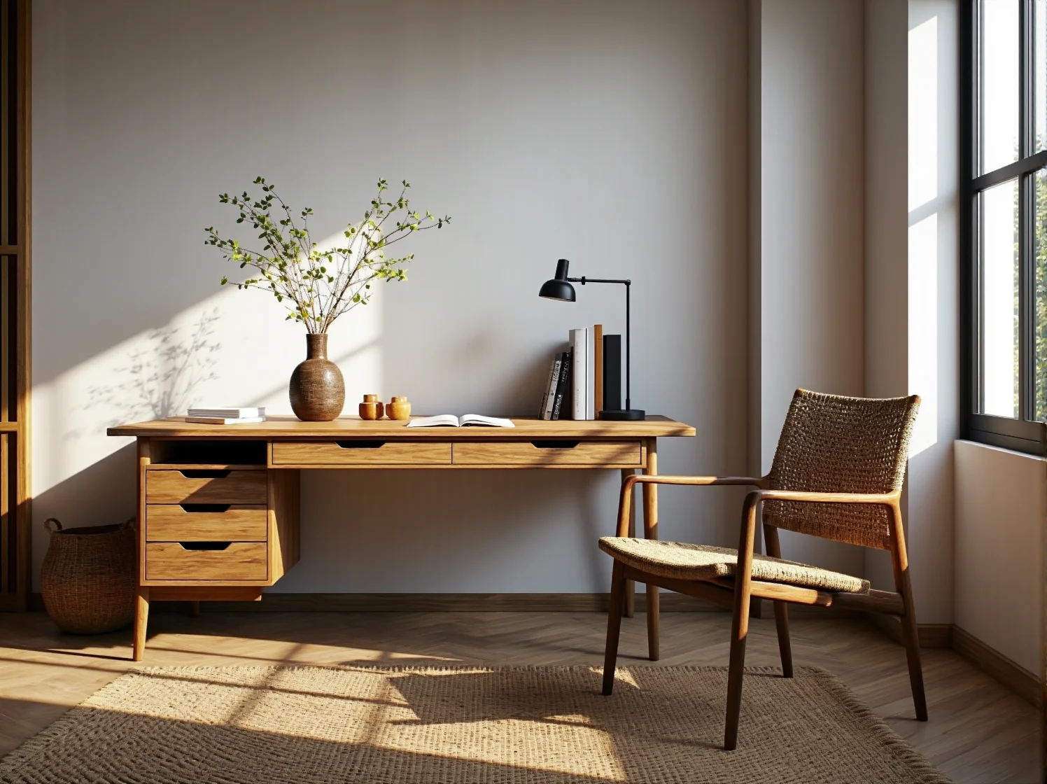 Drewniane biurko dębowe z szufladami w stylu japandi