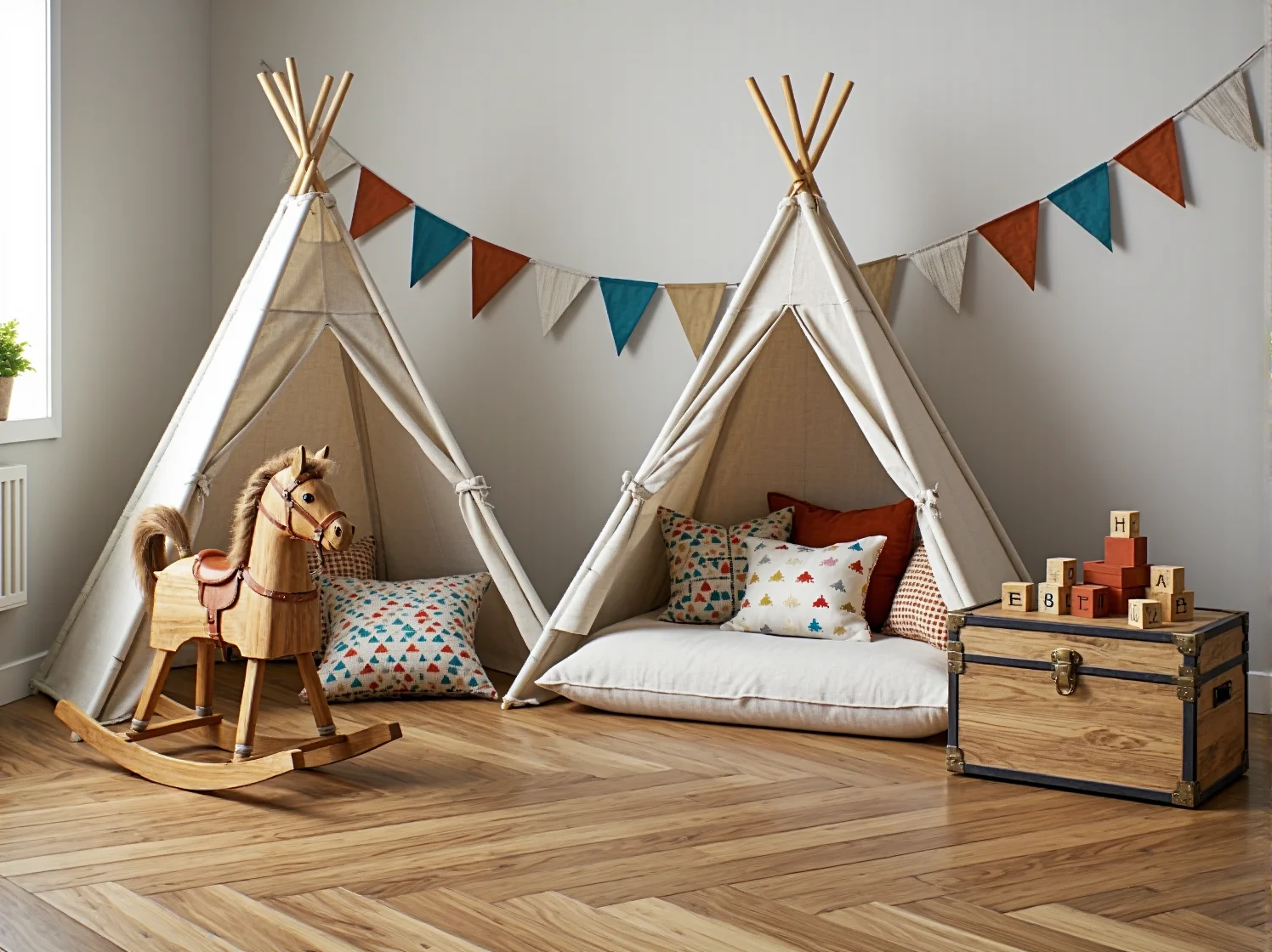 Drewniane zabawki i plakaty na ścianie jako dekoracje w stylu retro dla dzieci