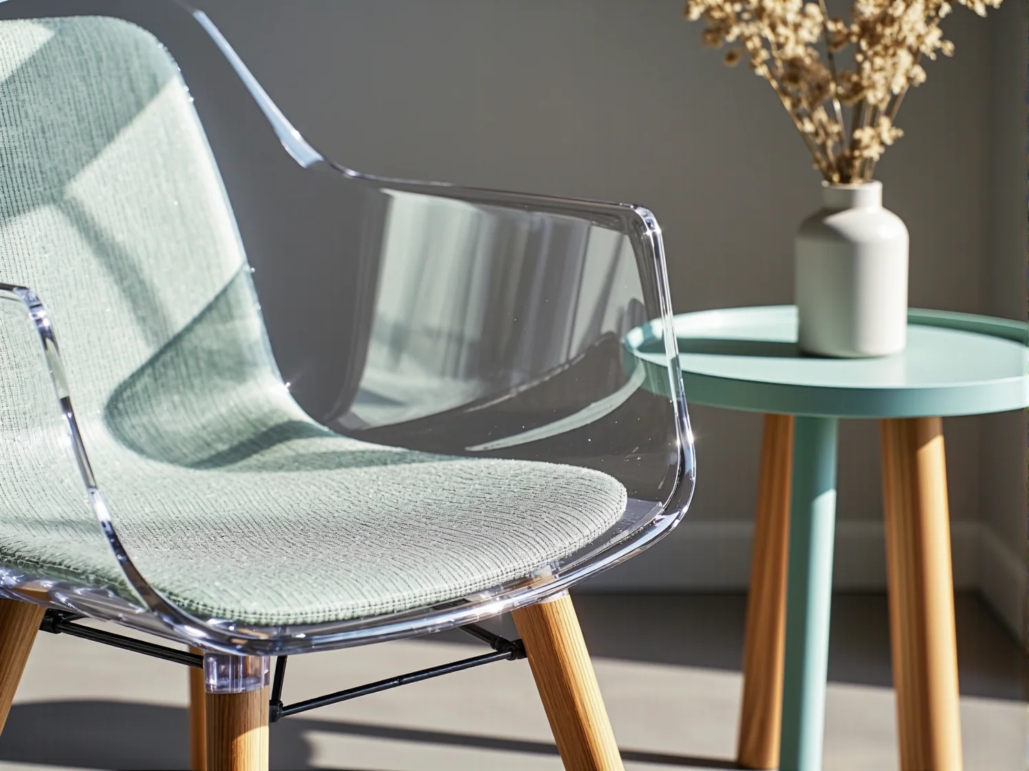 Designerski transparentny fotel z poliwęglanu w eleganckiej jadalni