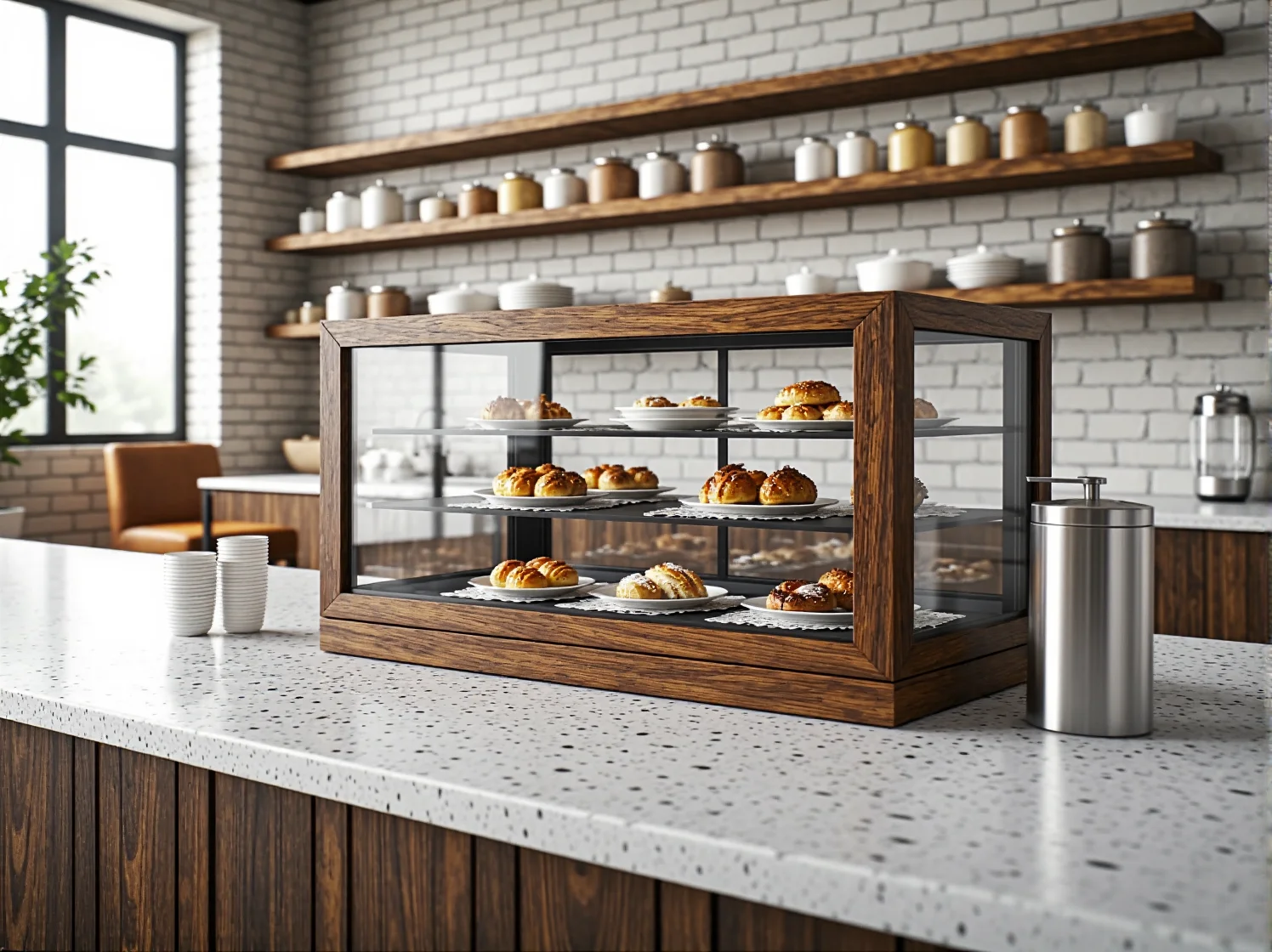 Dekoracje ścienne i dodatki vintage w kawiarni, plakaty retro i stare neony nad barem.