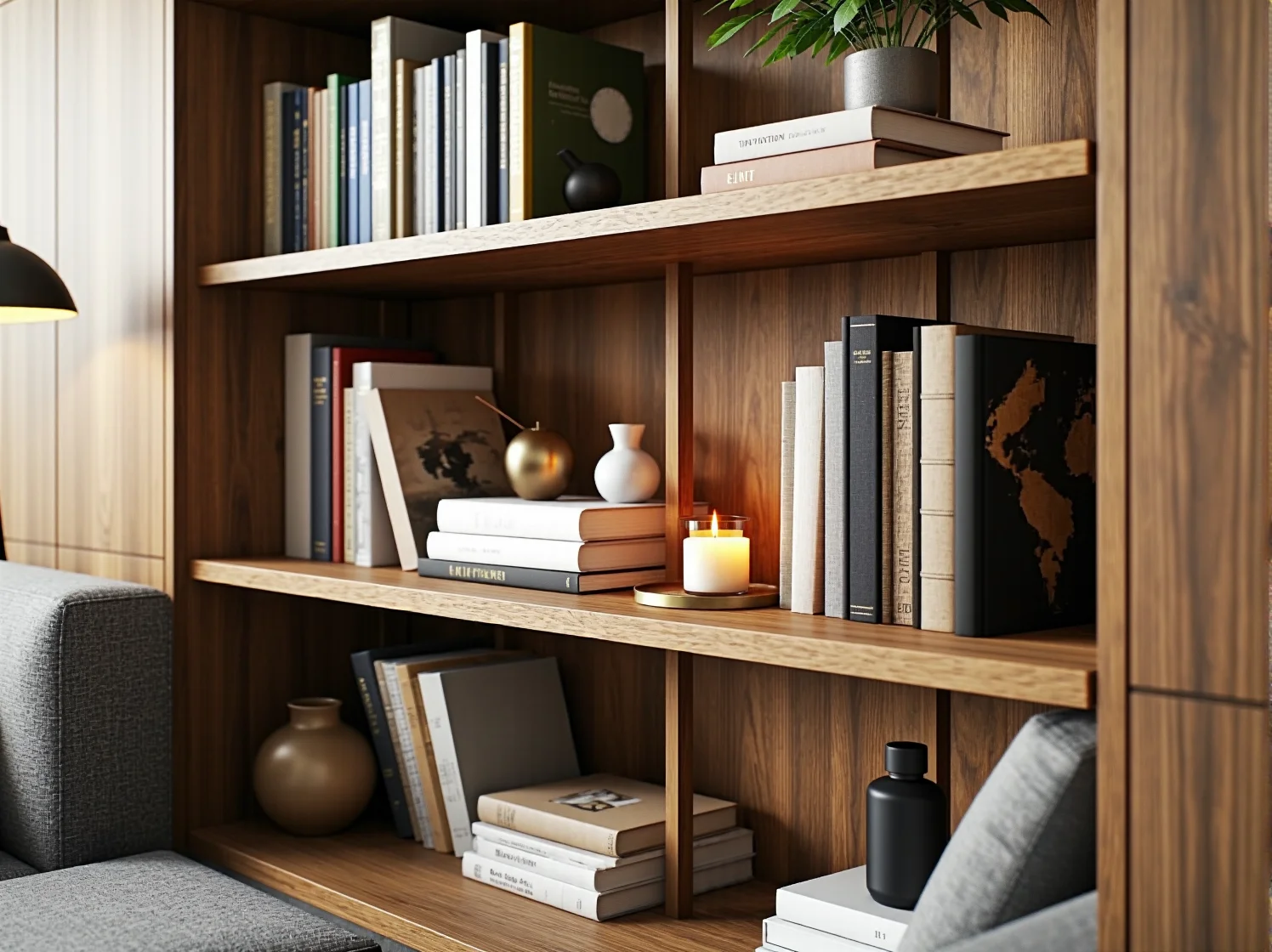 Drewniany regał z książkami i stolik kawowy w domowej biblioteczce z roślinami