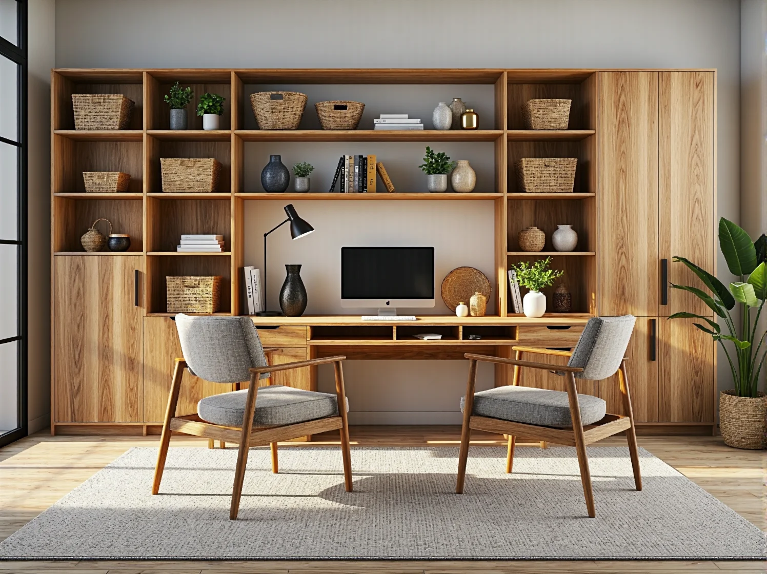 Jasne drewniane meble w domowym gabinecie inspirowanym stylem japandi. Spokojna przestrzeń do skupienia.