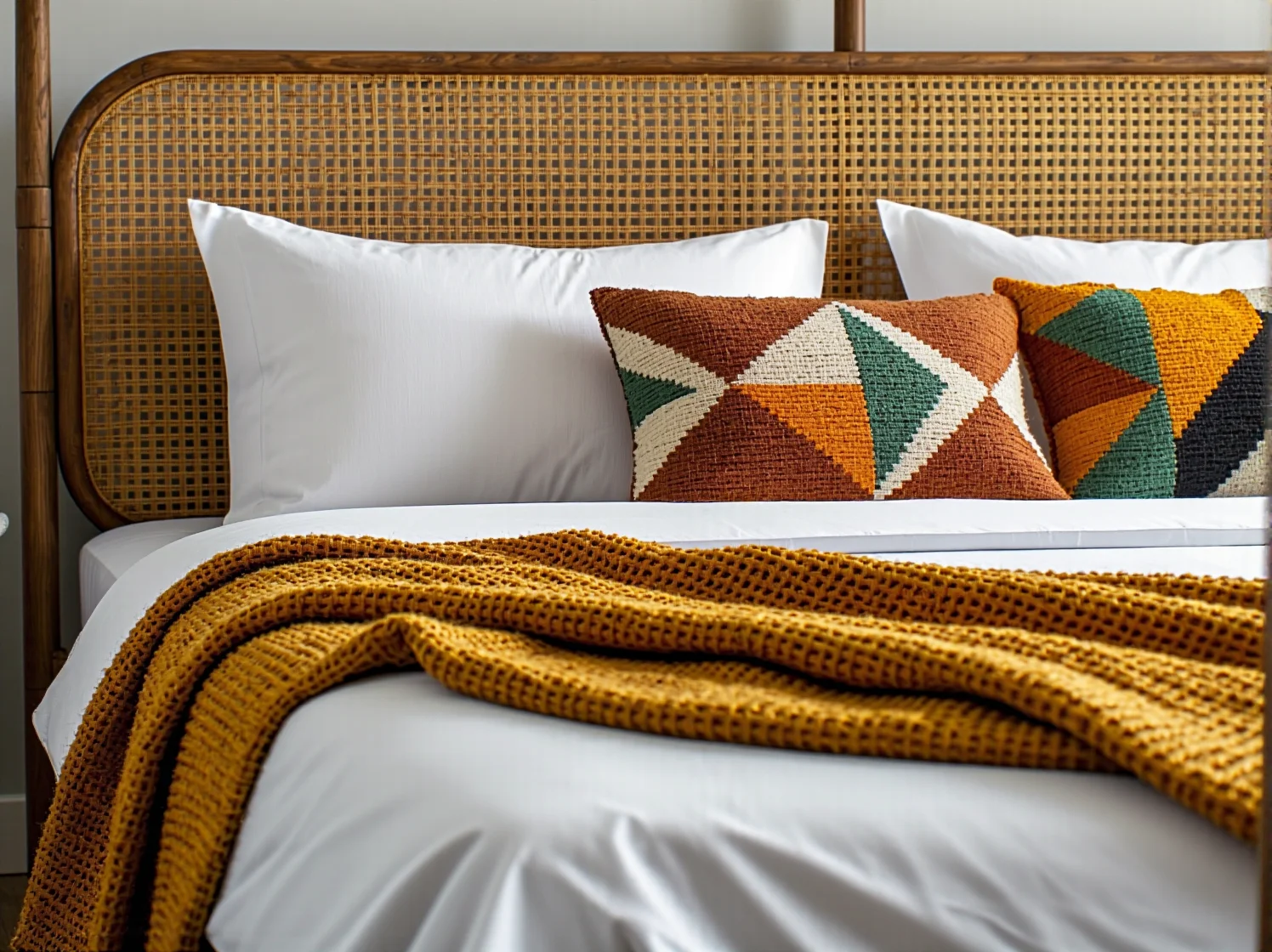 Harmonijne połączenie ciepłych kolorów i drewnianych mebli w sypialni retro.