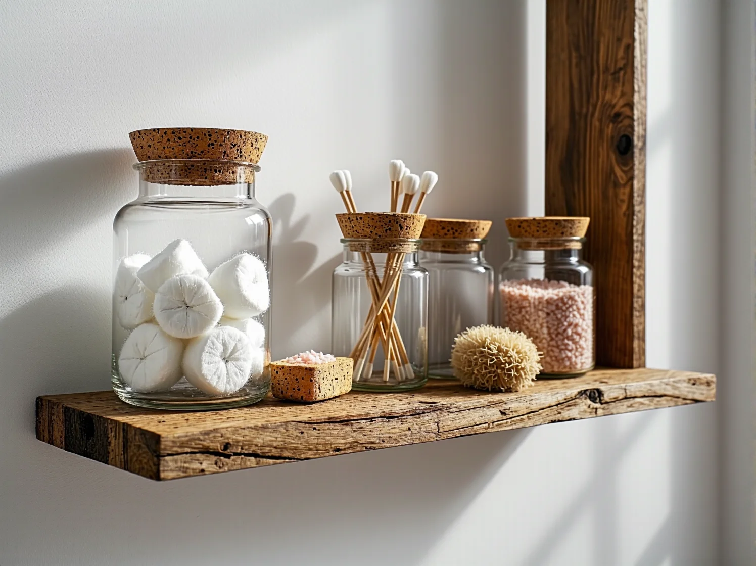 Drewniane półki z odzysku na kosmetyki w nowoczesnej łazience.