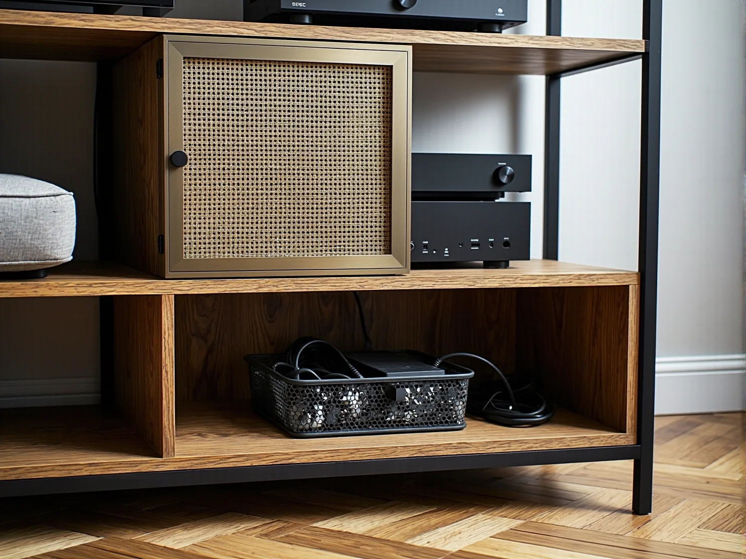 Drewniany regał z systemem zarządzania kablami dla sprzętu audio