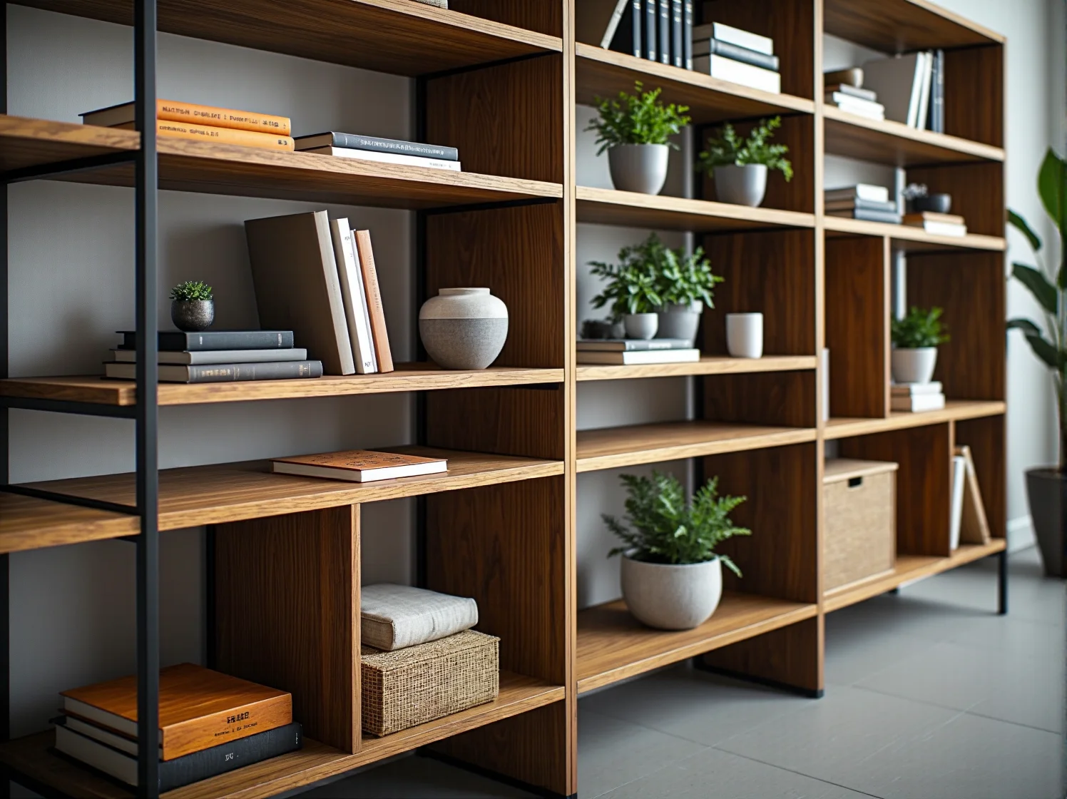 Drewniany system modułowy z biurkiem, sprytne rozwiązanie do pracy w małym mieszkaniu.