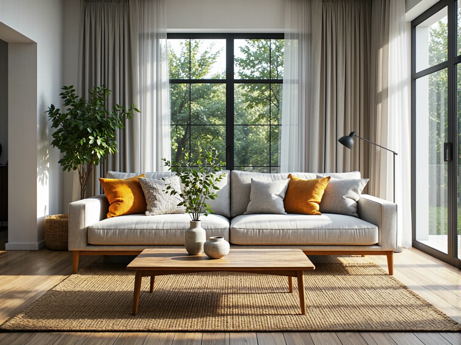 Minimalistyczna jasnoszara sofa na drewnianych nogach ze stolikiem kawowym