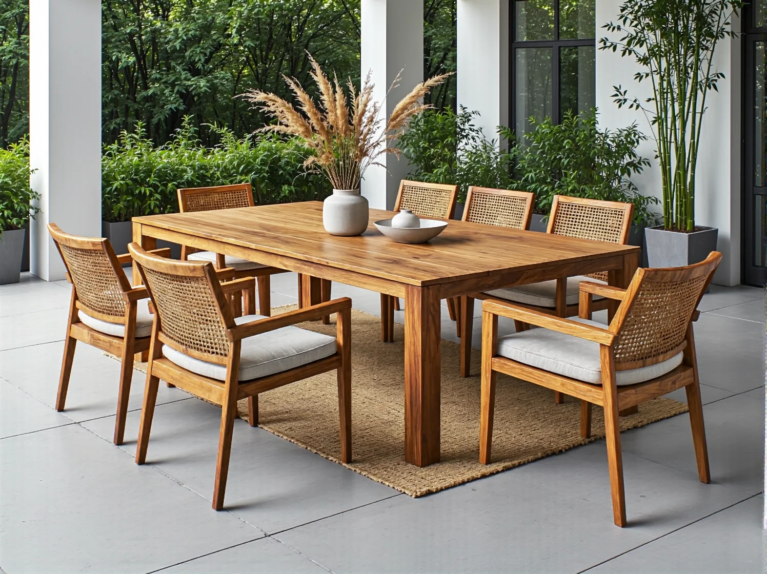 Drewniany zestaw ogrodowy stół z sześcioma krzesłami z rattanowym oparciem