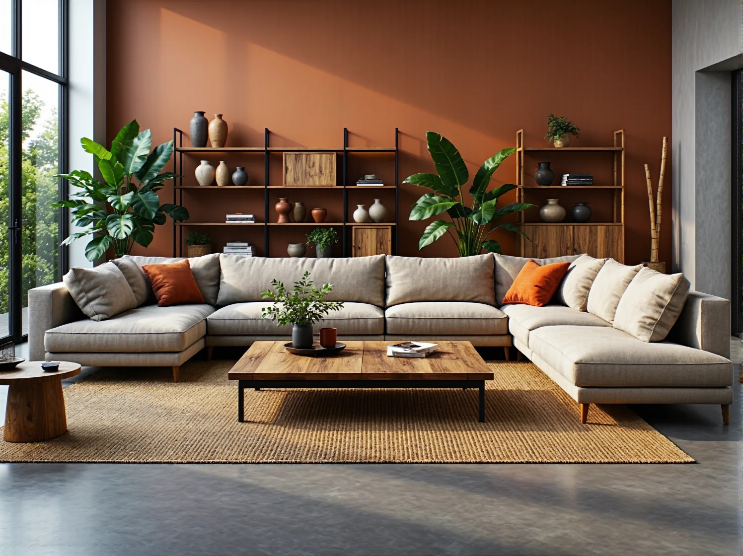 Narożnik modułowy beżowy na drewnianych nóżkach z poduszkami