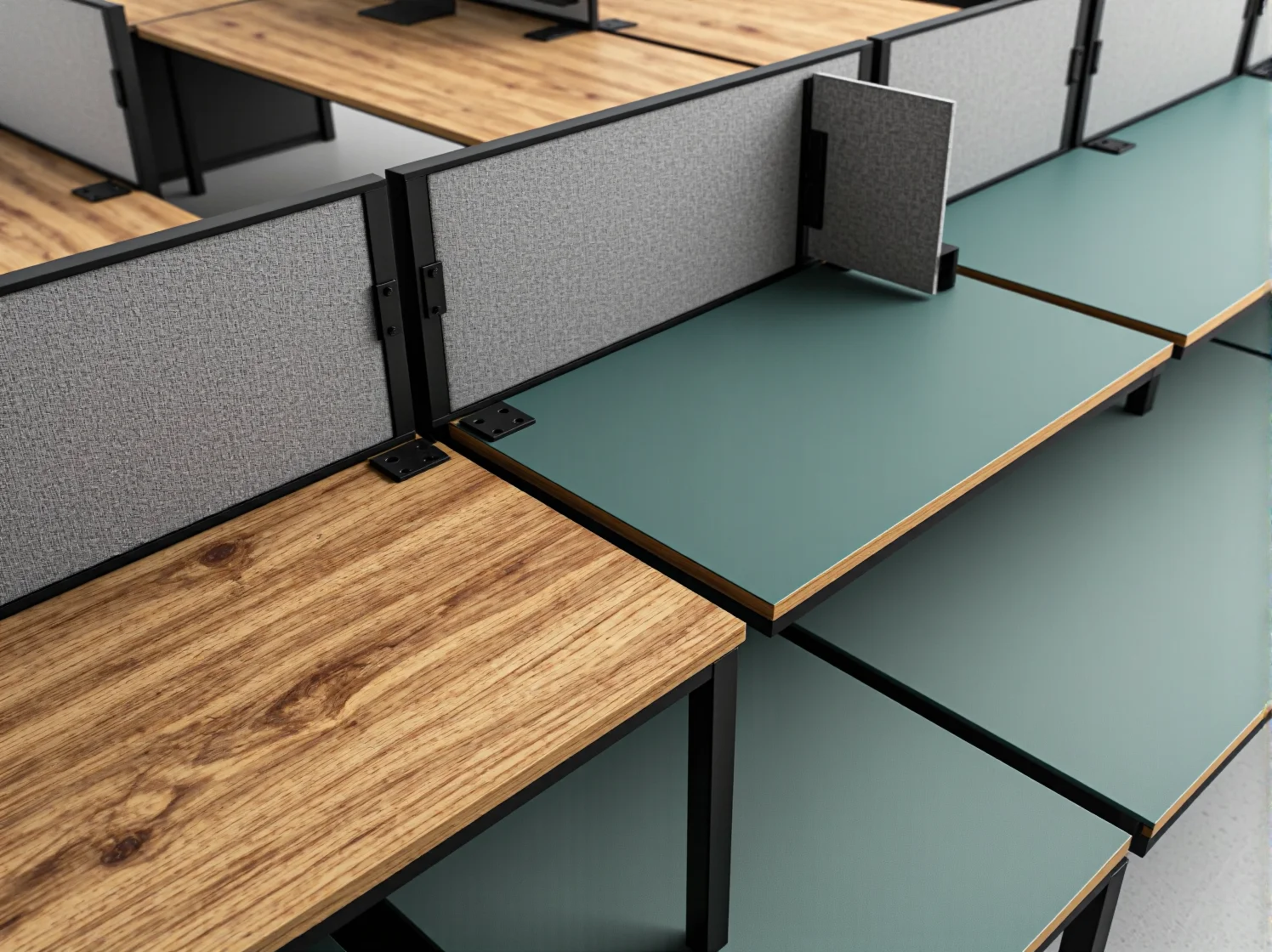 Ergonomiczne biurka modułowe w przestrzeni coworkingowej poprawiające komfort pracy.