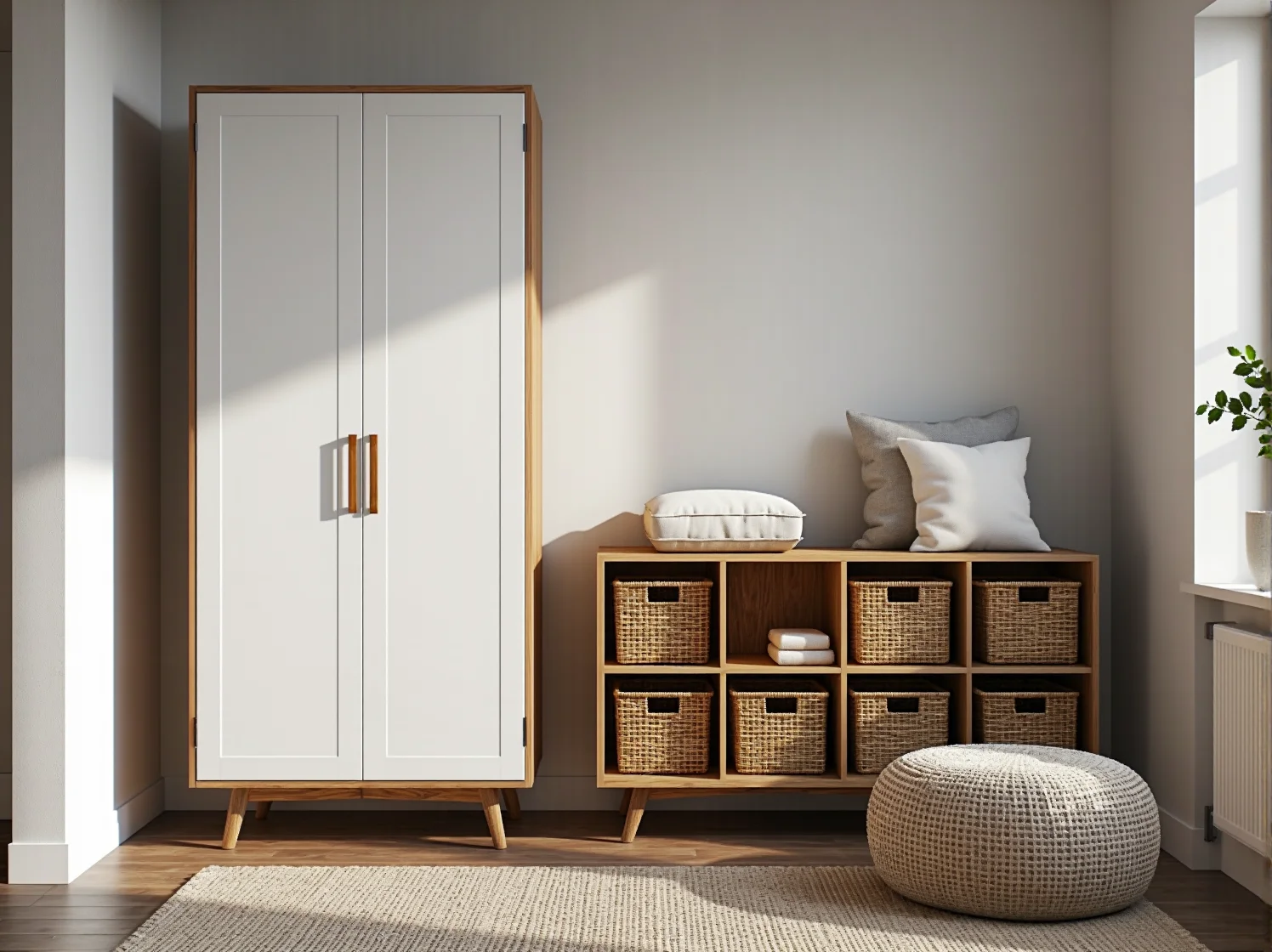 Pojemna szafa i regał na zabawki pasujące do skandynawskiego wnętrza.