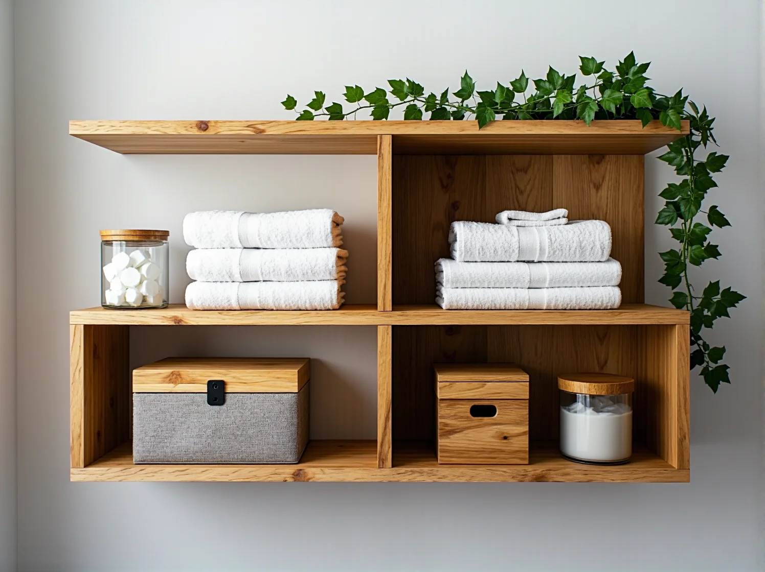 Funkcjonalne dodatki i organizery w stylowej łazience urządzonej w stylu skandynawskim.