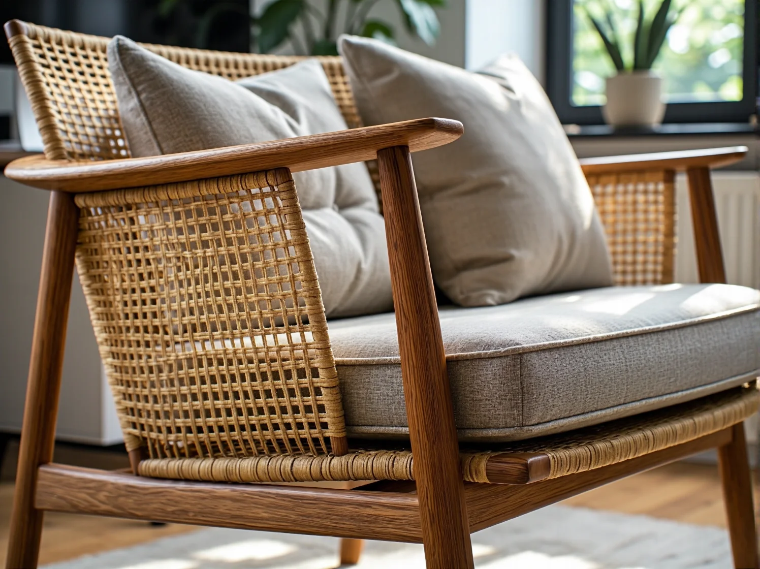 Ergonomiczne krzesło i proste biurko w stylu japandi ocieplone naturalnymi dodatkami i roślinnością.