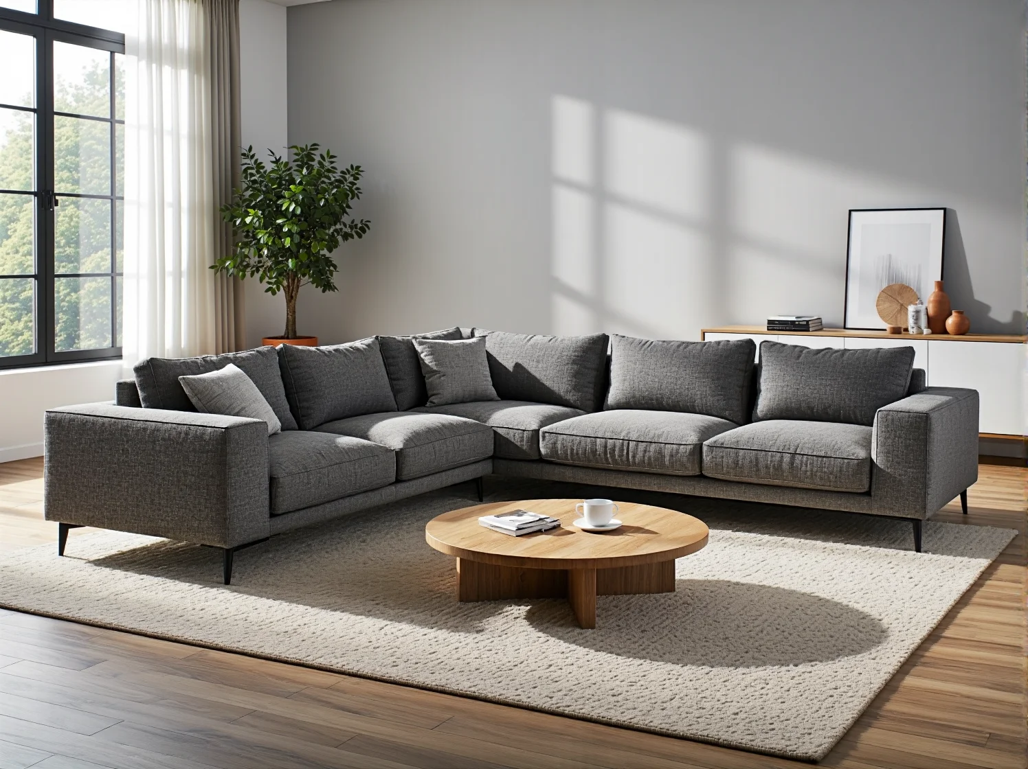 Narożnik wypoczynkowy grafitowy na czarnych nóżkach z poduszkami