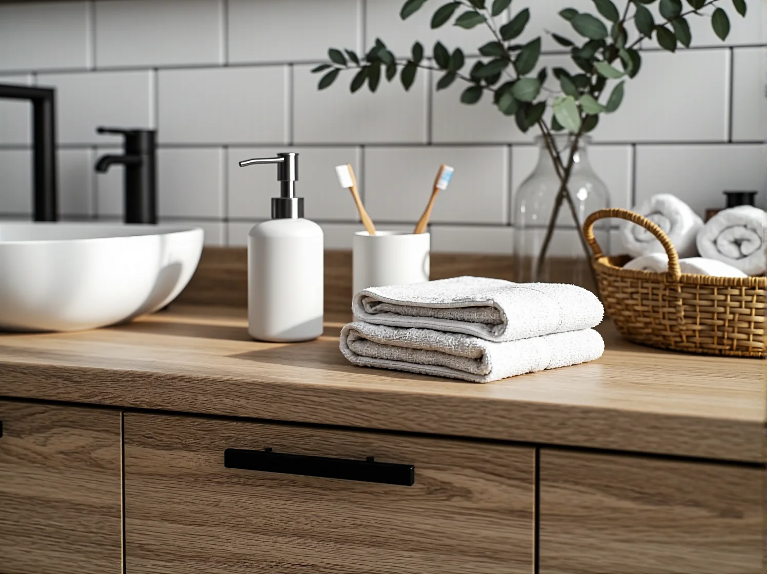 Minimalistyczne wnętrze jasnej łazienki skandynawskiej z nowoczesnymi meblami.