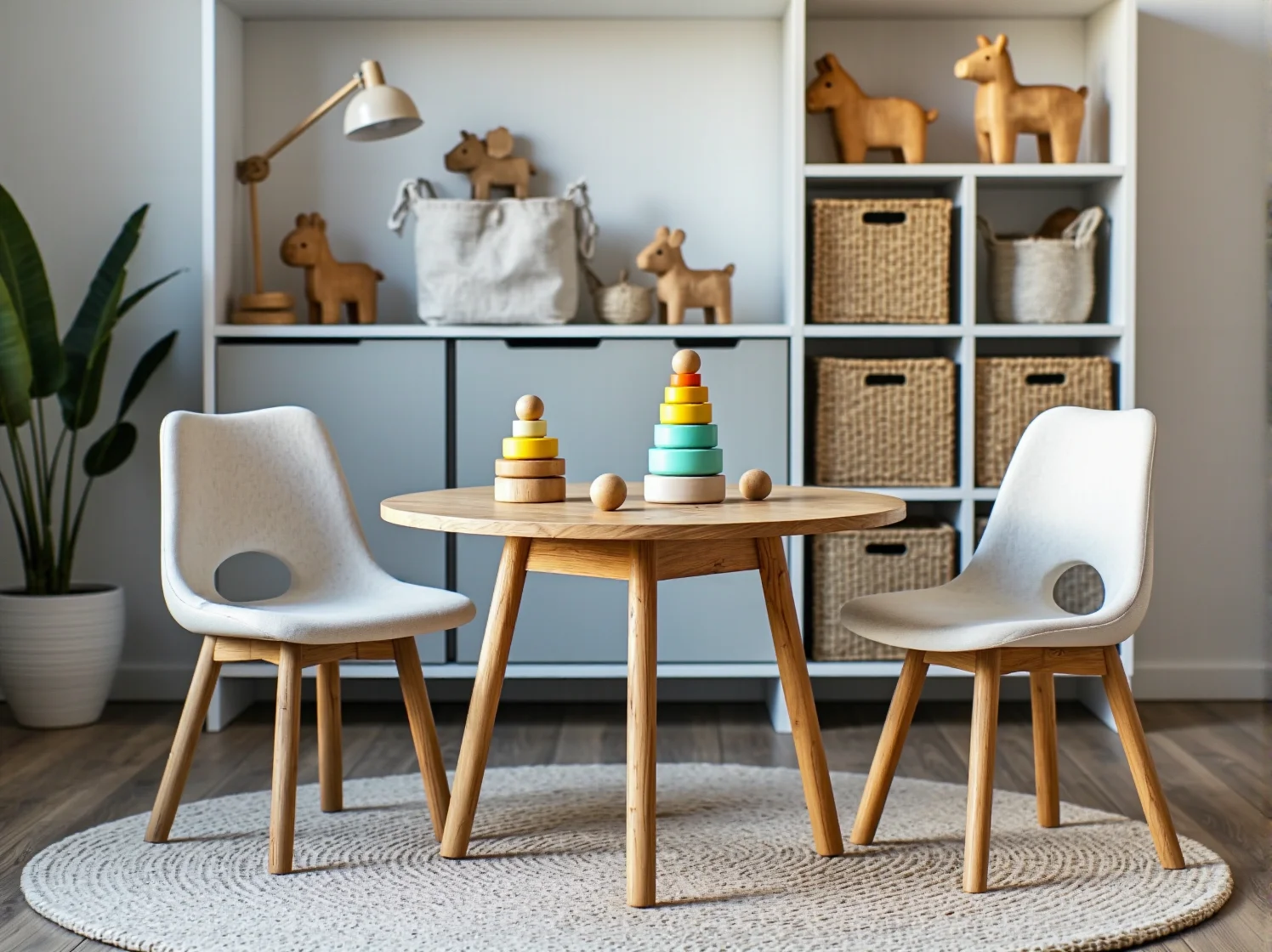 Funkcjonalne białe biurko i drewniane krzesło w pokoju dziecięcym.