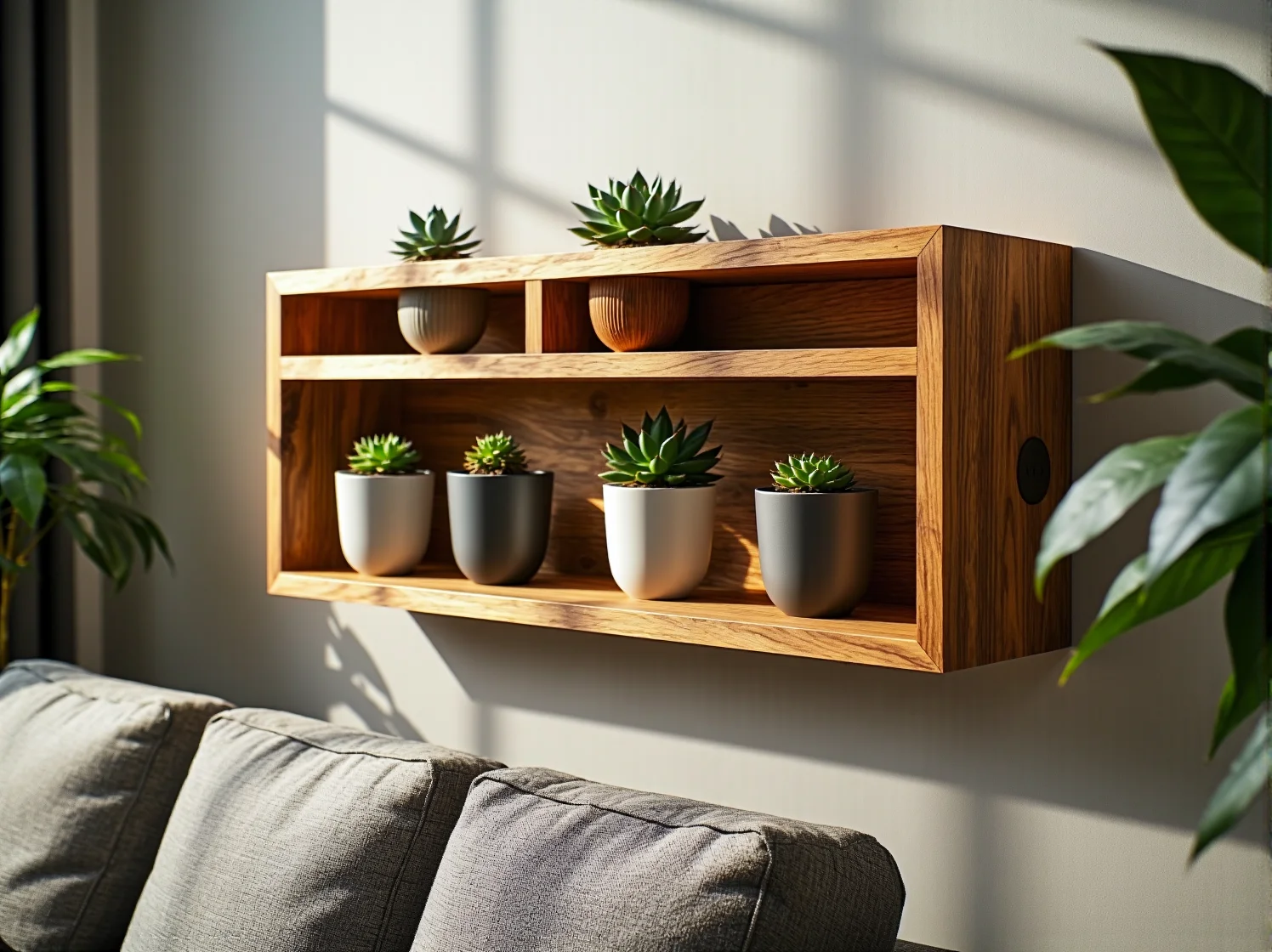 Jasne poduszki i pled na ciemnej sofie kontrastujące z meblami w niewielkim pokoju dziennym.