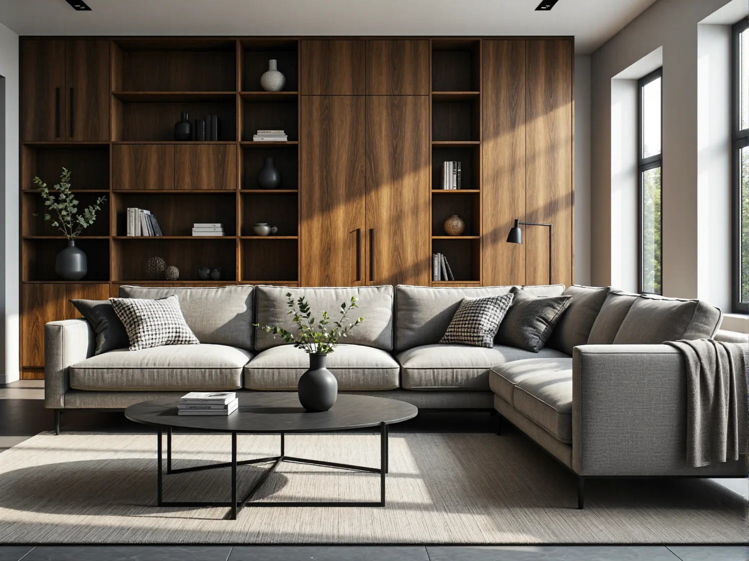 Zabudowa meblowa orzech z otwartymi półkami i zamykanymi szafkami