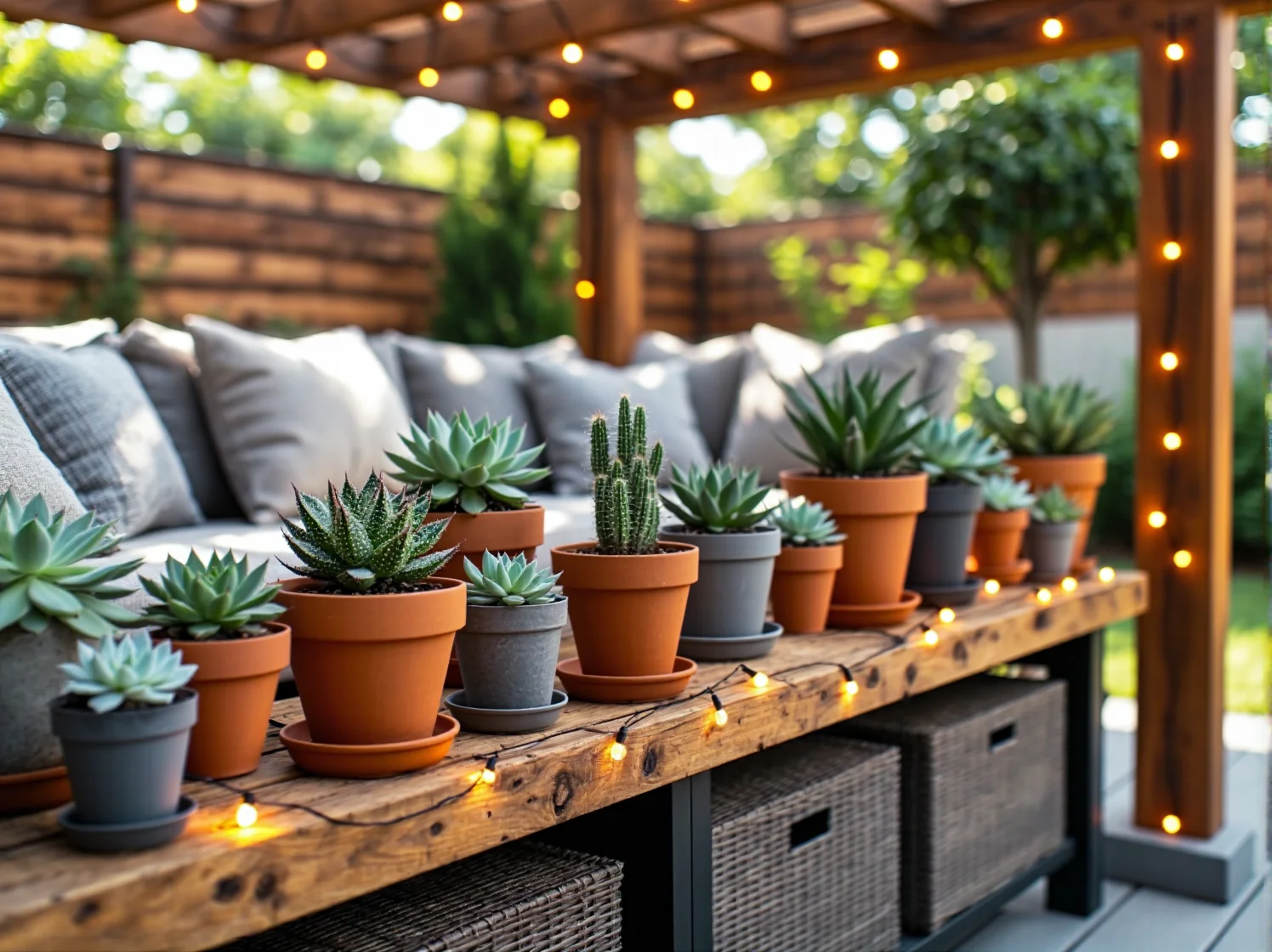 Nastrojowy kącik wypoczynkowy pod pergolą z ekologicznym oświetleniem solarnym bez kabli.