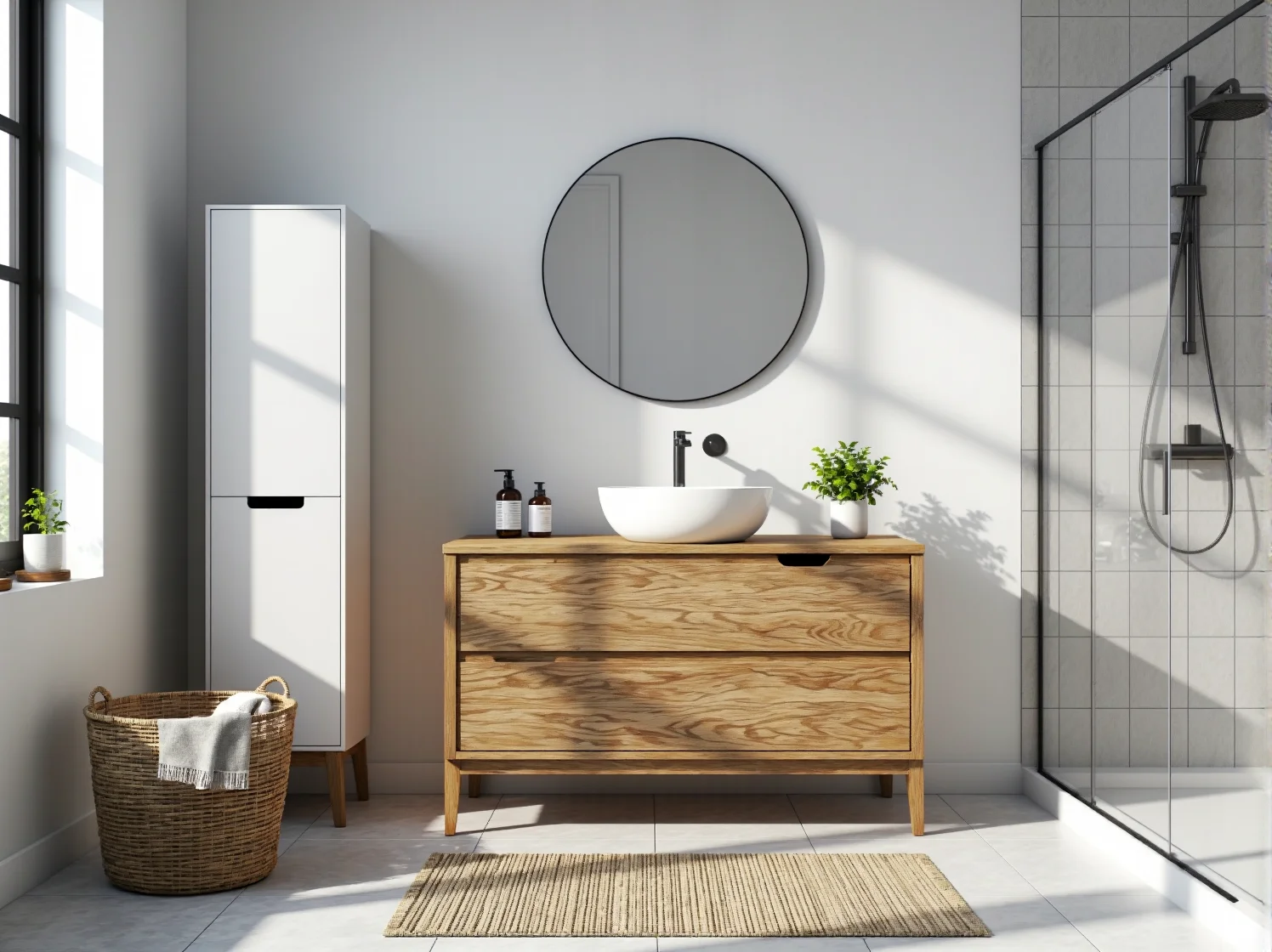 Szafka łazienkowa dąb naturalny z dwiema szufladami i białą umywalką nablatową