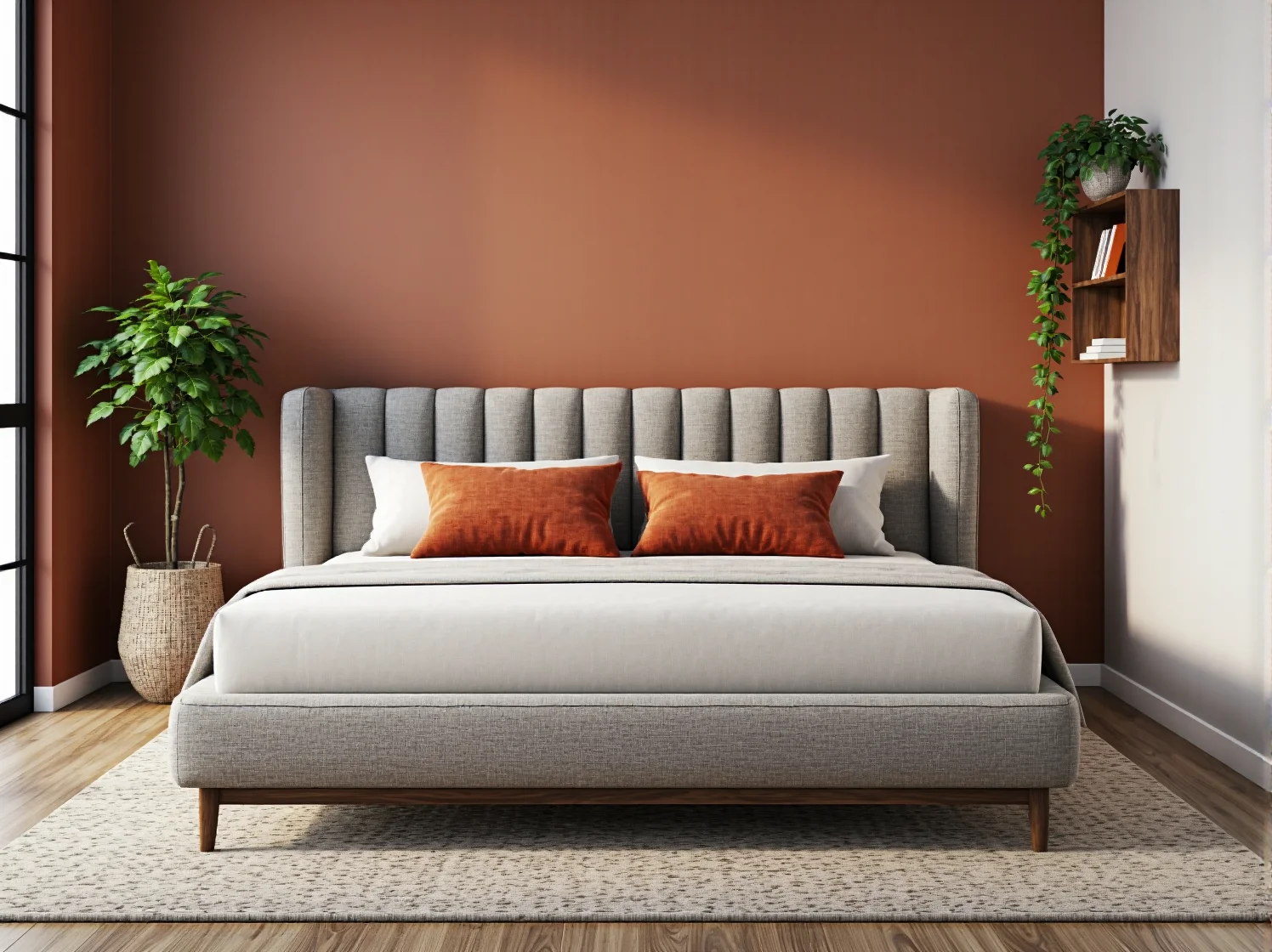 Minimalistyczne łóżko kontynentalne bez wezgłowia na poddaszu.