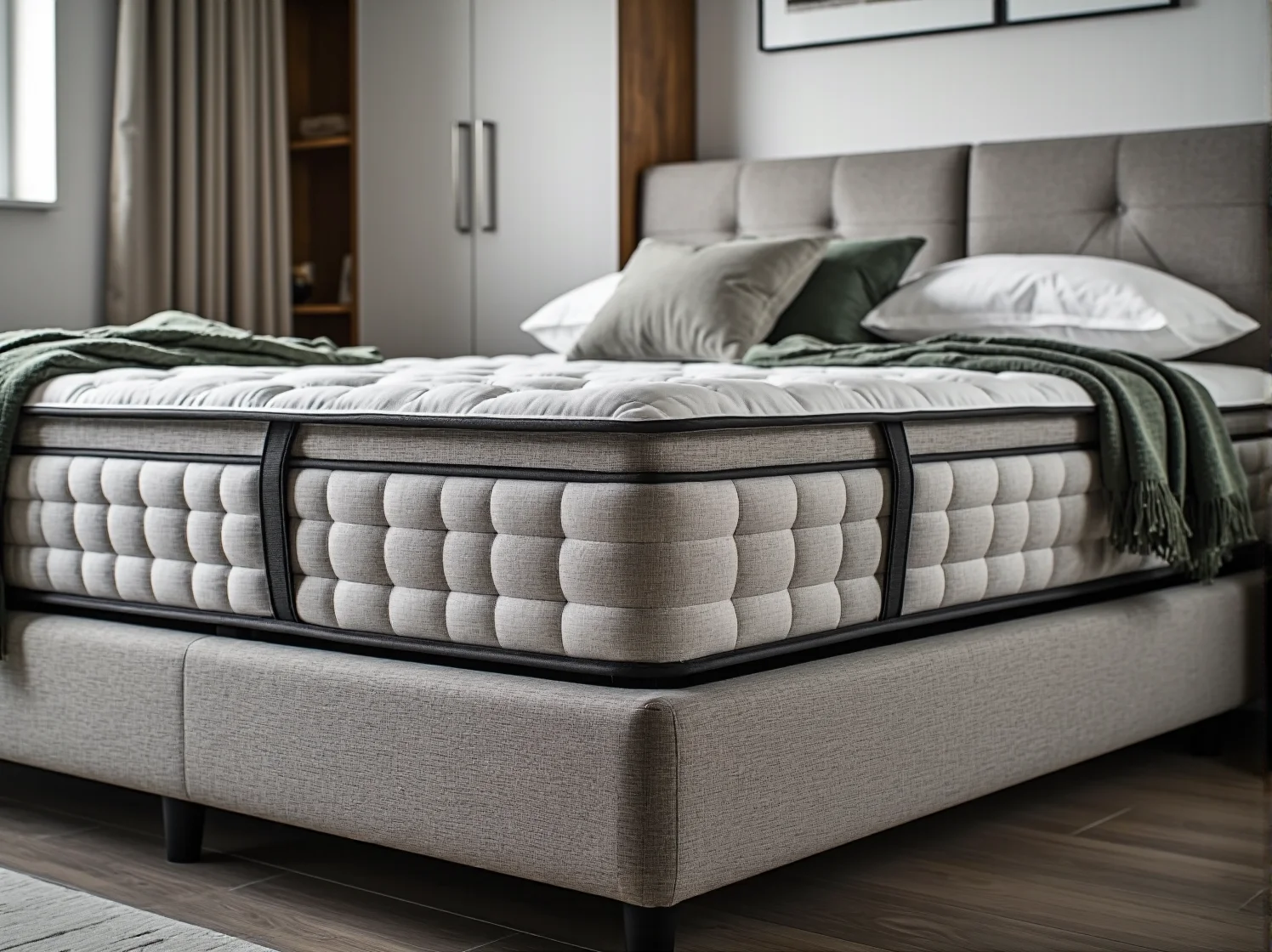 Otwarty pojemnik na pościel w łóżku kontynentalnym w małym pokoju.