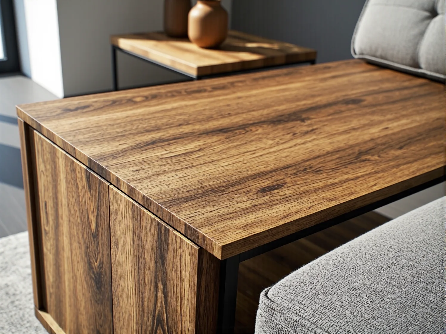 Jasne wnętrze z dużym lustrem i szklanym stolikiem kawowym glamour.