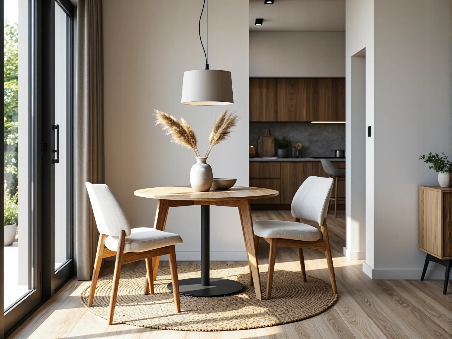 Okrągły stół jadalniany dąb z metalową nogą i dwa krzesła tapicerowane