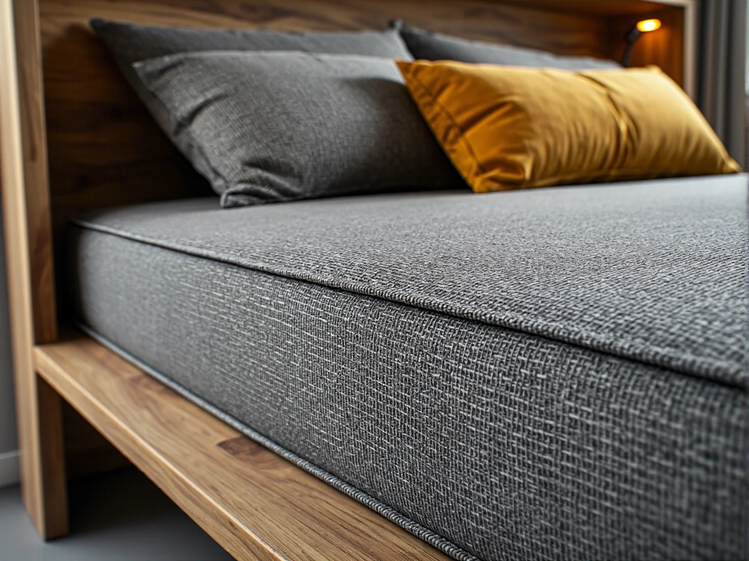 Wielofunkcyjne łóżko drewniane z szarym tapicerowanym materacem