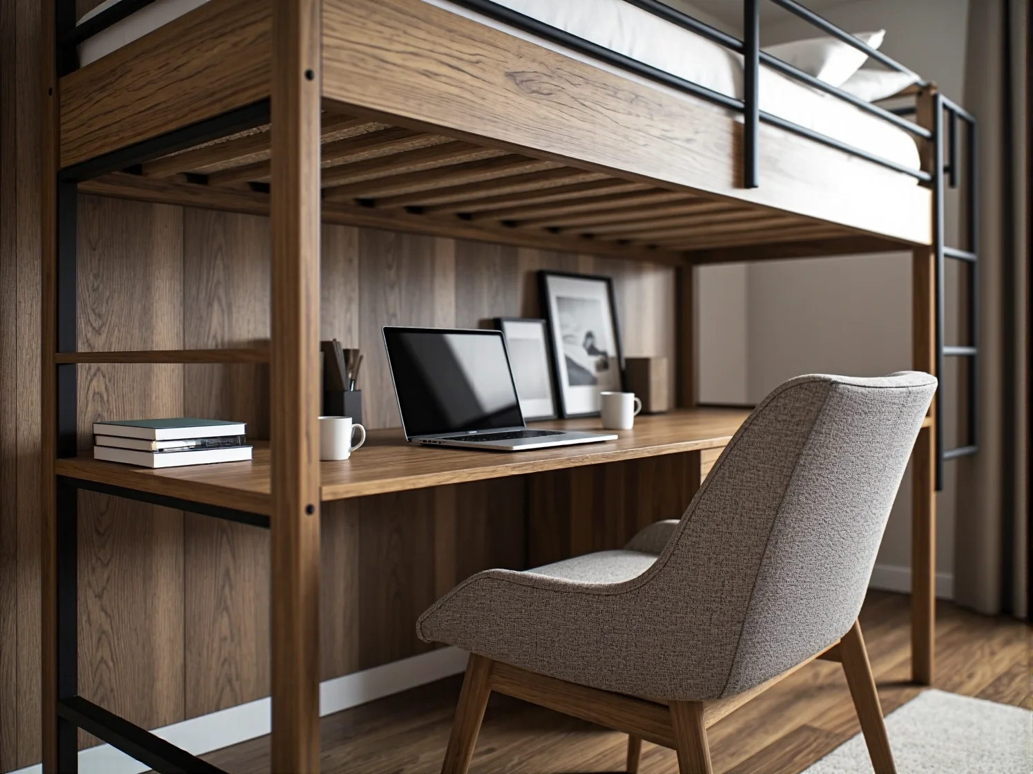 Drewniane łóżko piętrowe w stylu skandynawskim do małego pokoju