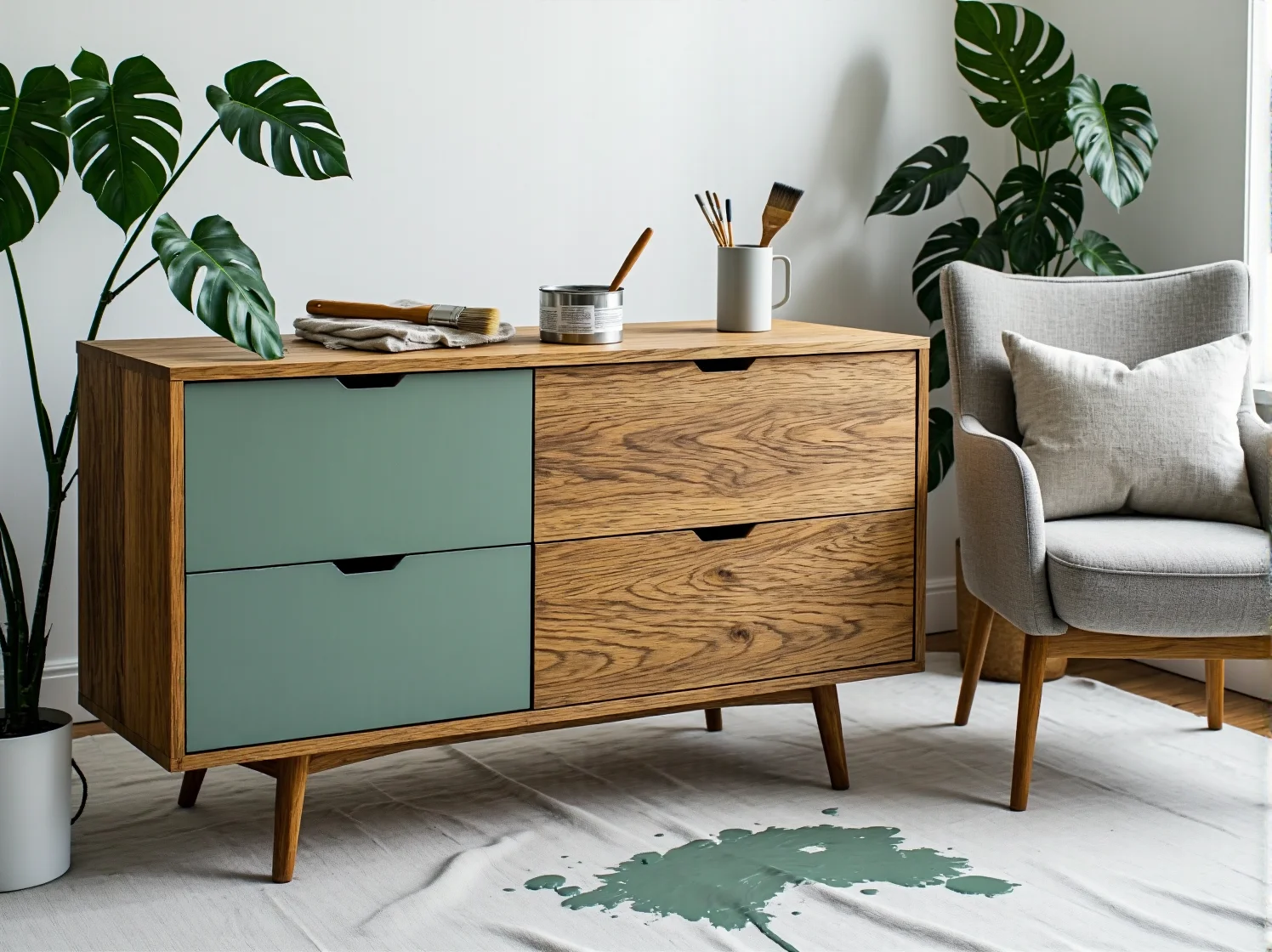 Komoda dębowa z szufladami częściowo malowana na szałwiową zieleń