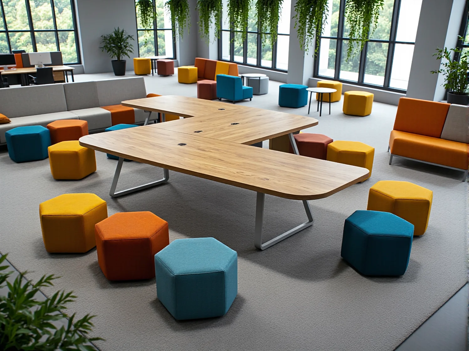 Modułowy stół konferencyjny dąb z kolorowymi pufami do coworkingu