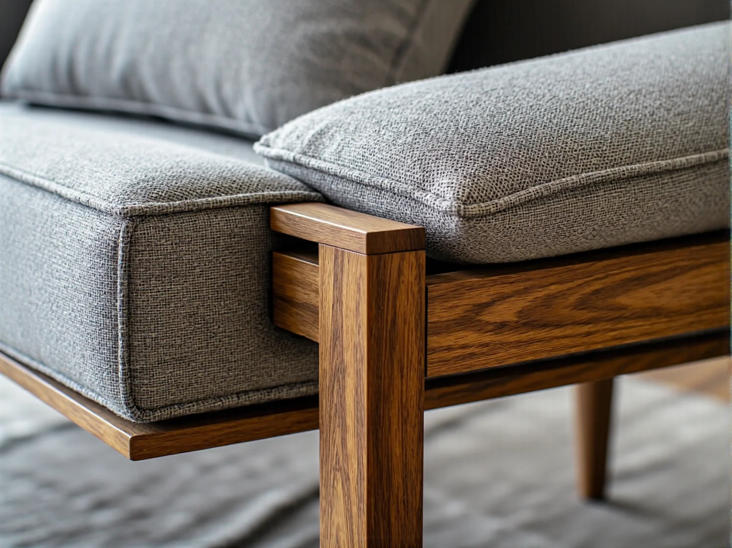 Szara sofa z drewnianą ramą orzechową i tapicerowanymi poduszkami