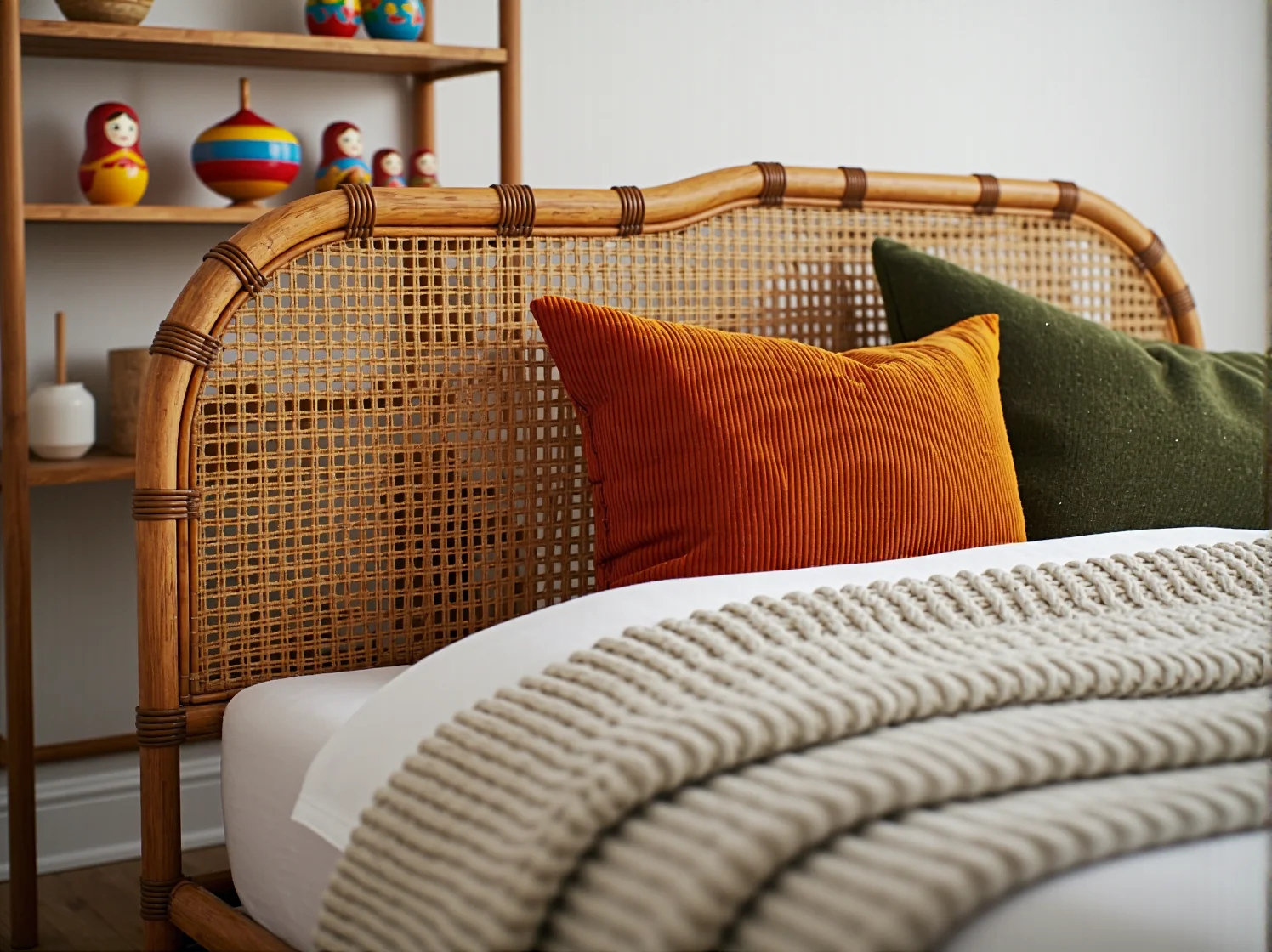 Metalowe łóżko z ozdobną ramą idealne do pokoju dziecięcego vintage.