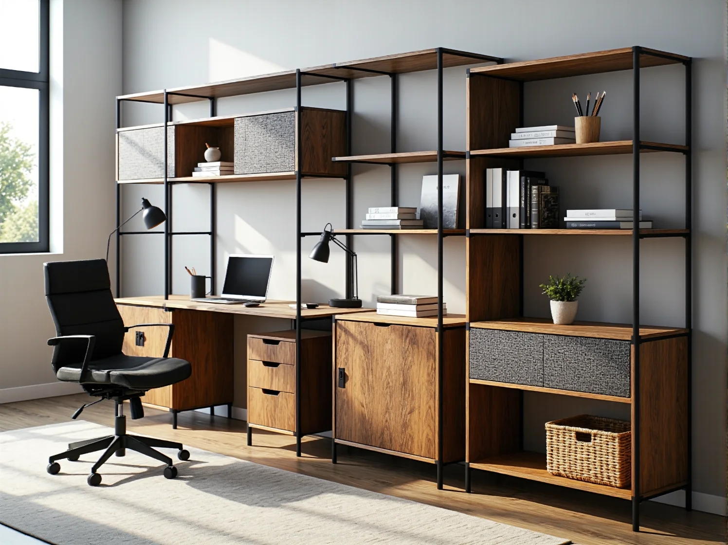 Czarny, metalowy regał modułowy na wymiar w wąskim korytarzu, maksymalizujący przestrzeń.