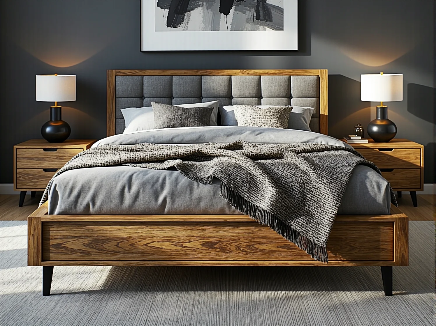 Jasna jadalnia w stylu minimalistycznym wyposażona w stół z naturalnych materiałów.