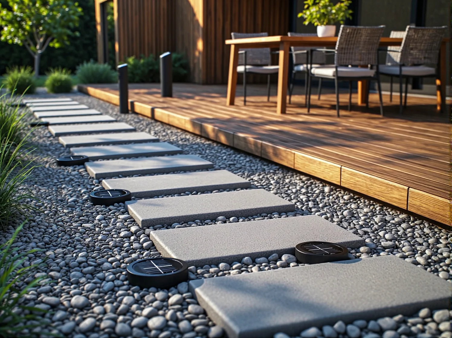 Najlepsze najazdowe oprawy solarne wbudowane w deski tarasowe wokół miejsca wypoczynku.