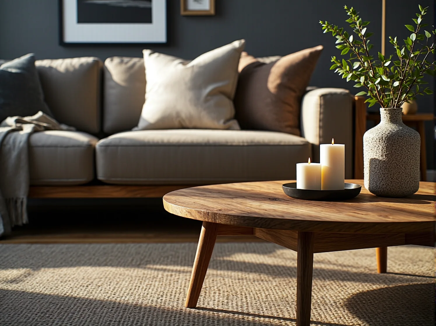 Przytulne wnętrze z narożnikiem modułowym, wełnianym kocem i jasnym oświetleniem.