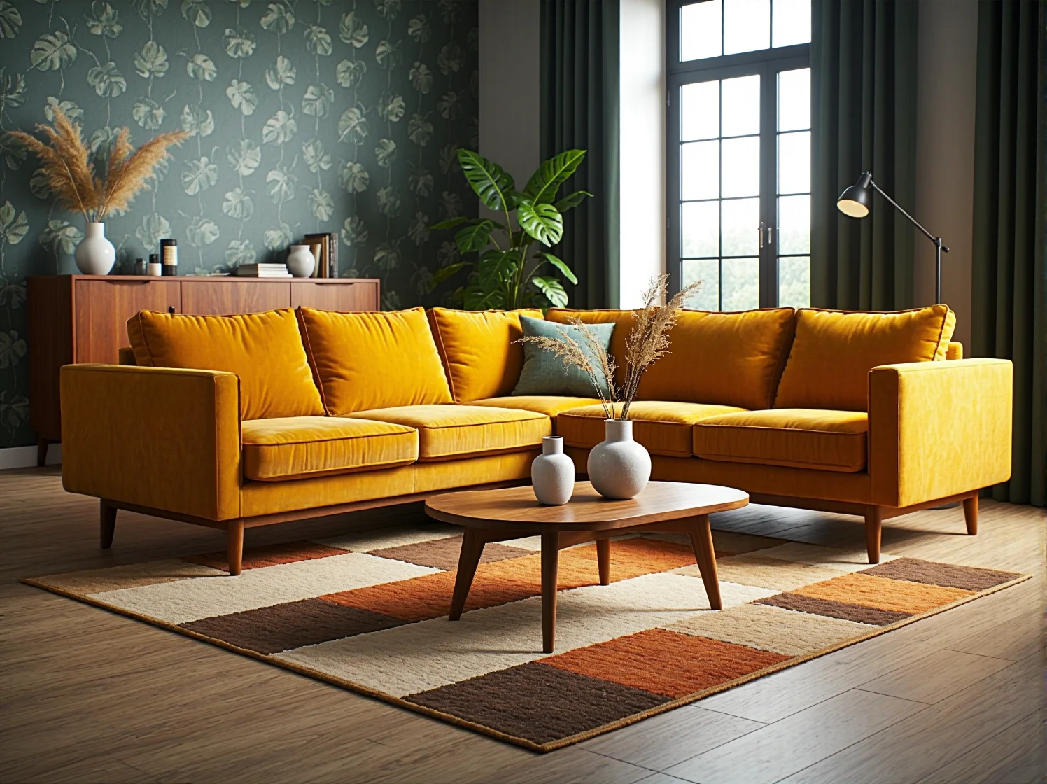 Musztardowy narożnik welurowy w stylu retro na drewnianych nóżkach