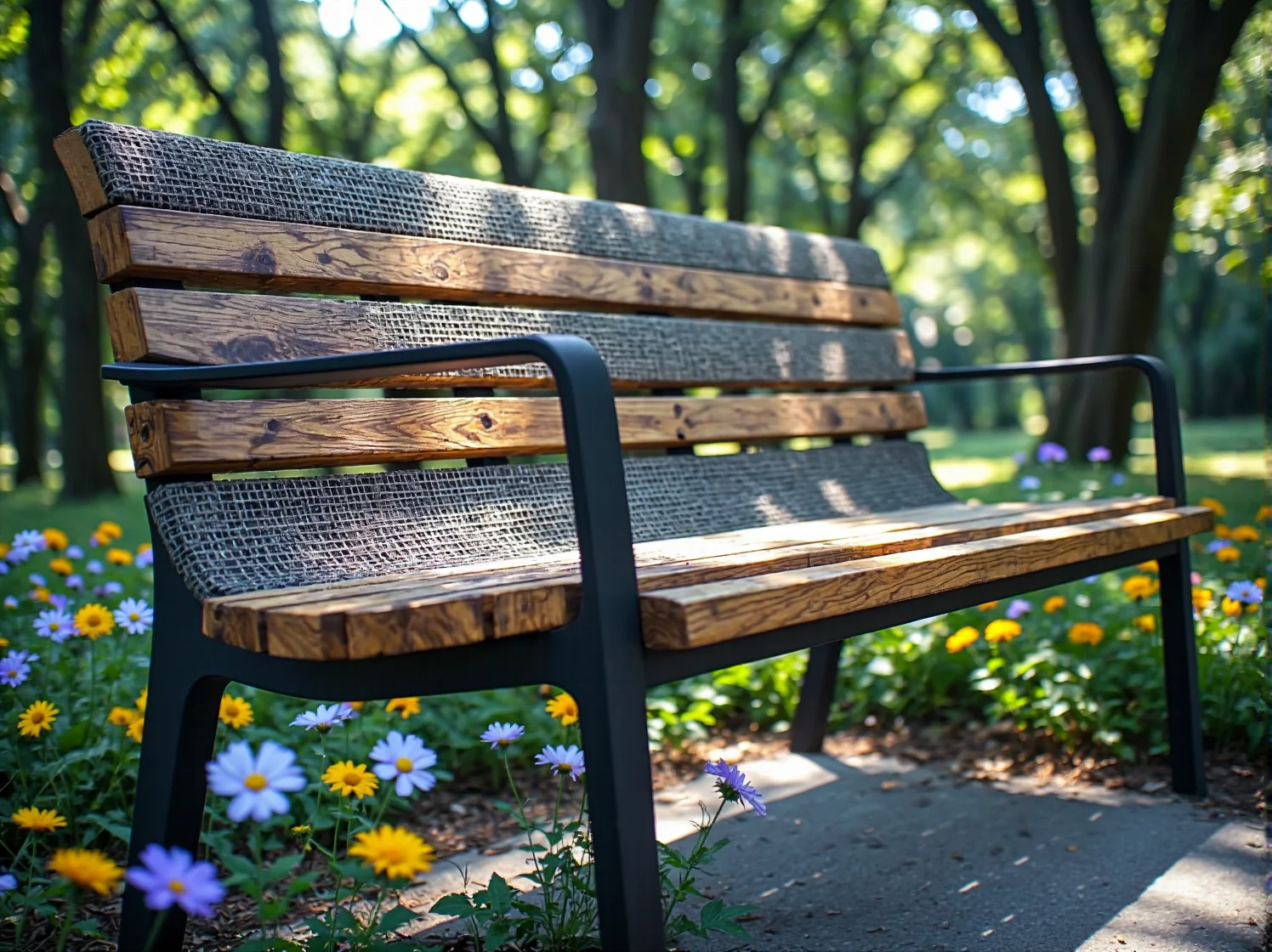 Nowoczesna ławka z innowacyjnego kompozytu ekologicznego odpornego na pogodę.