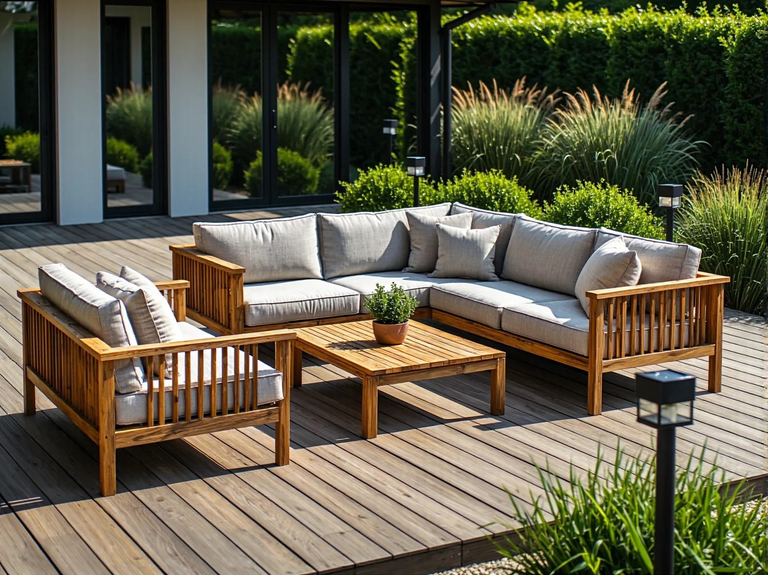 Narożnik ogrodowy drewniany z szarymi poduszkami i stolikiem kawowym