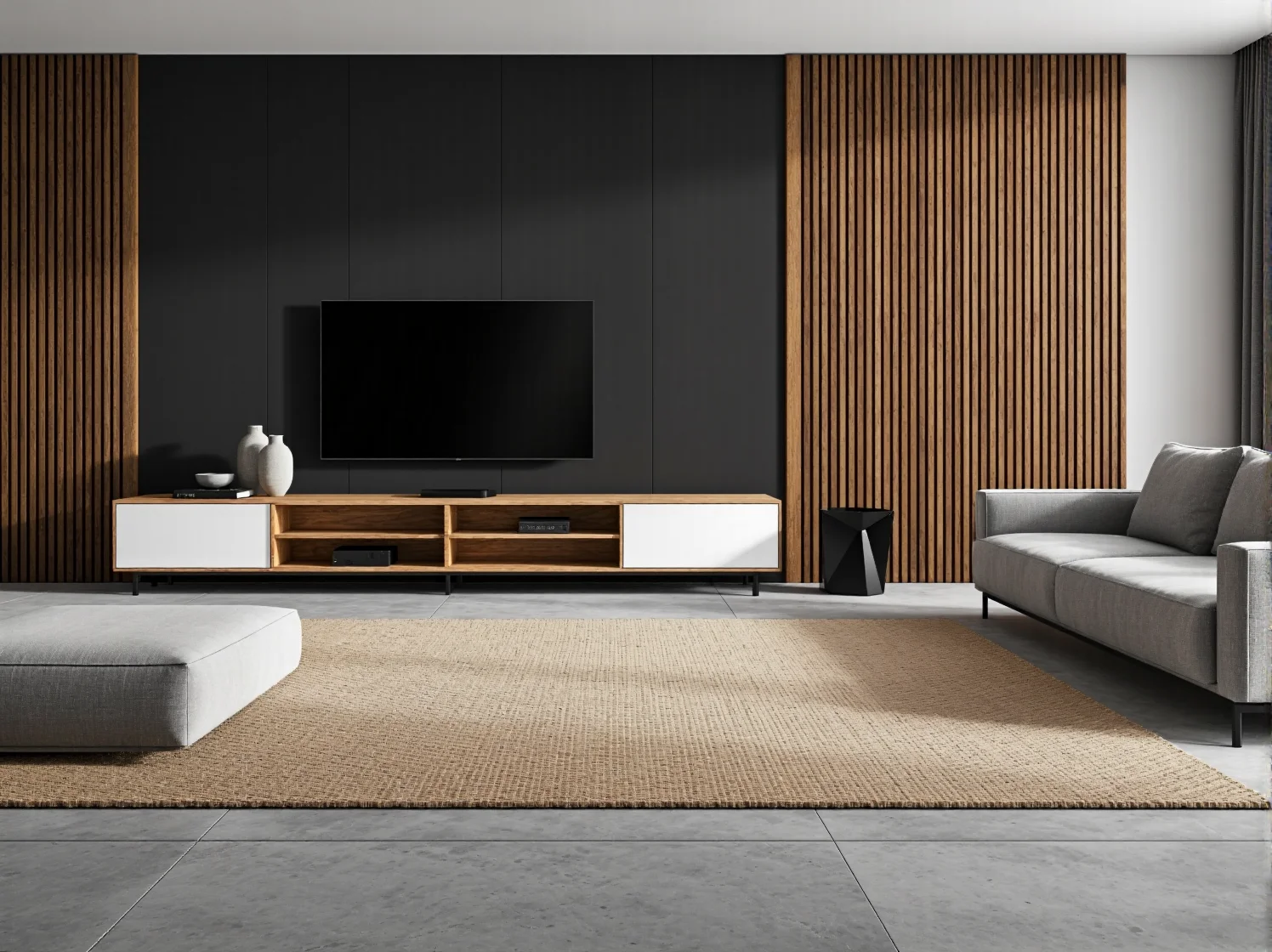 Niska szafka RTV dąb craft z białymi frontami na metalowych nóżkach