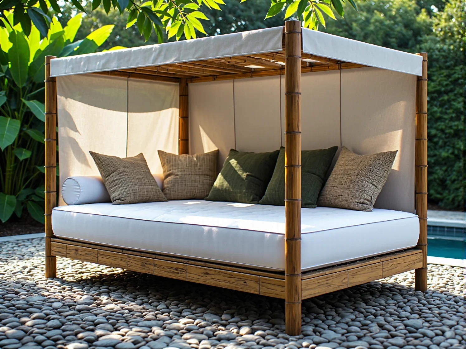 Nowoczesny minimalizm na tarasie przy basenie z eleganckim narożnikiem